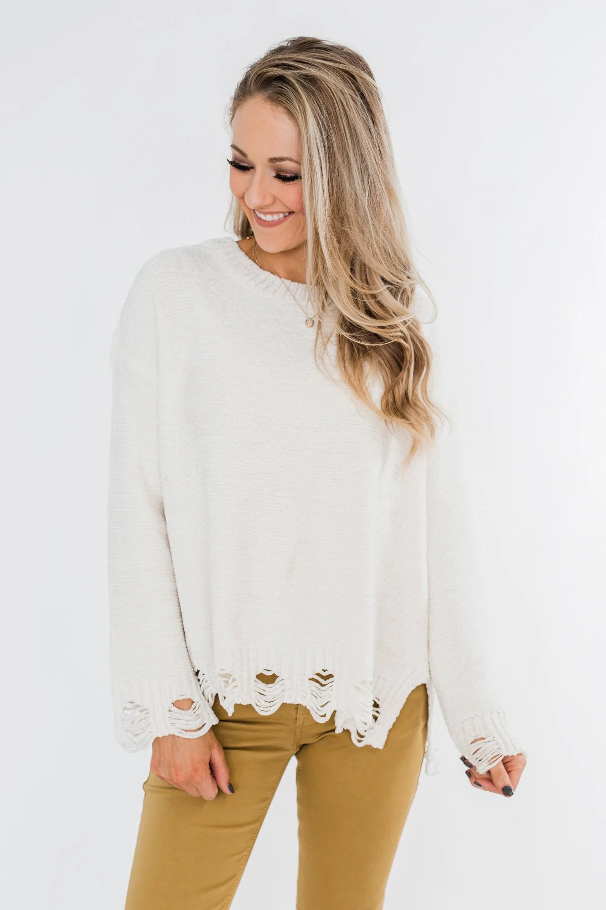 Cute & Cozy Frayed Knit Sweater- Light Cream - Image 10