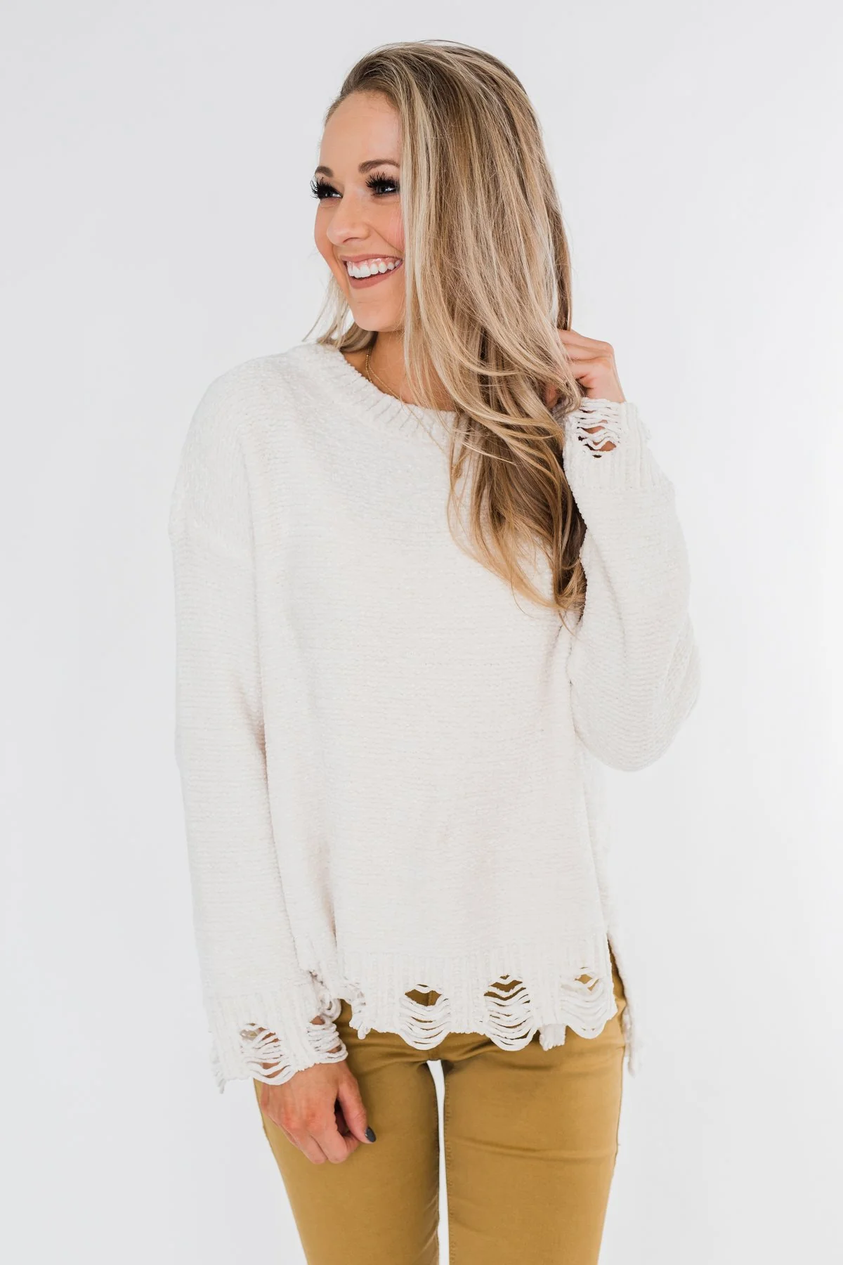 Cute & Cozy Frayed Knit Sweater- Light Cream - Image 8