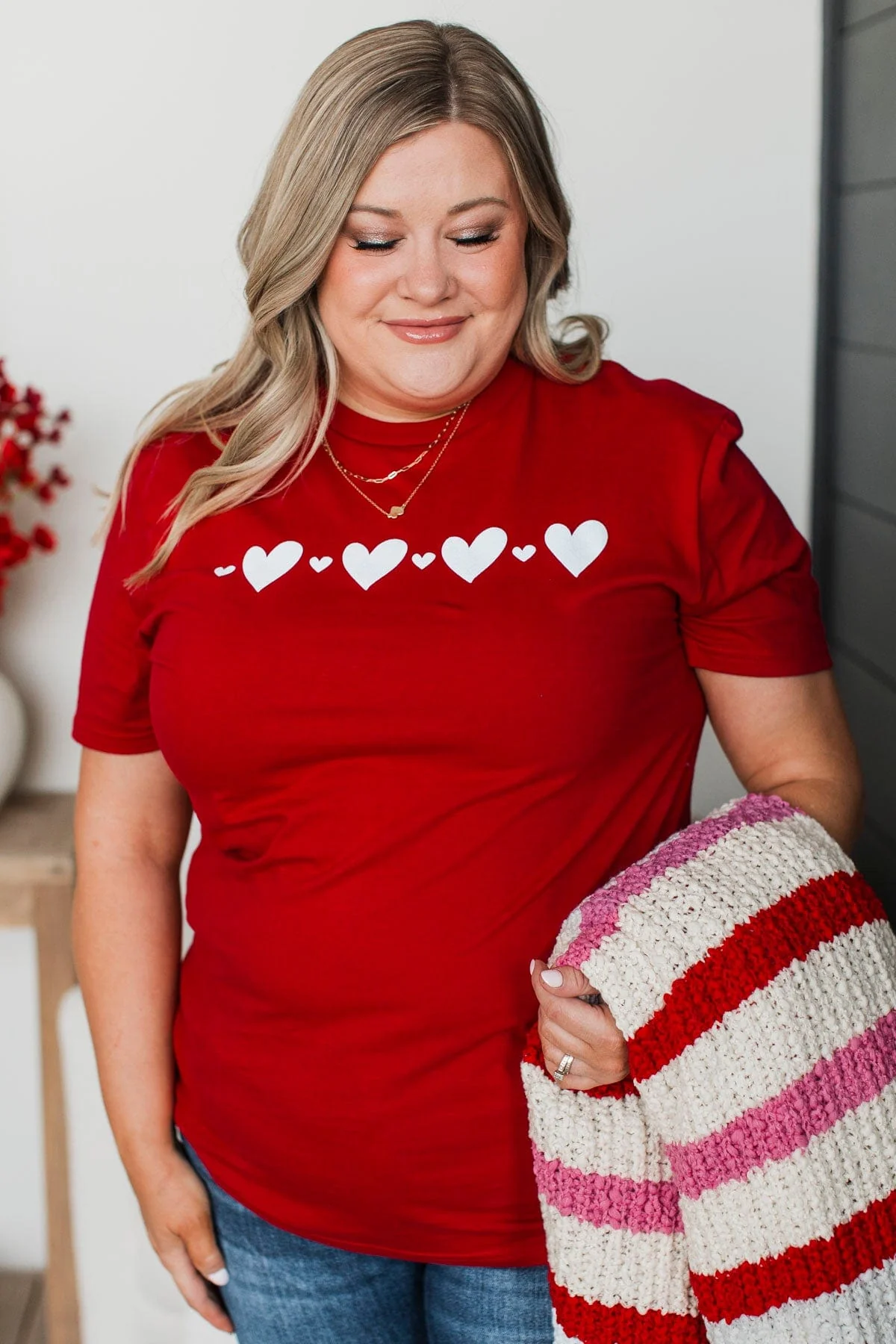 Cute Doodle Heart Graphic Tee- Red - Image 4