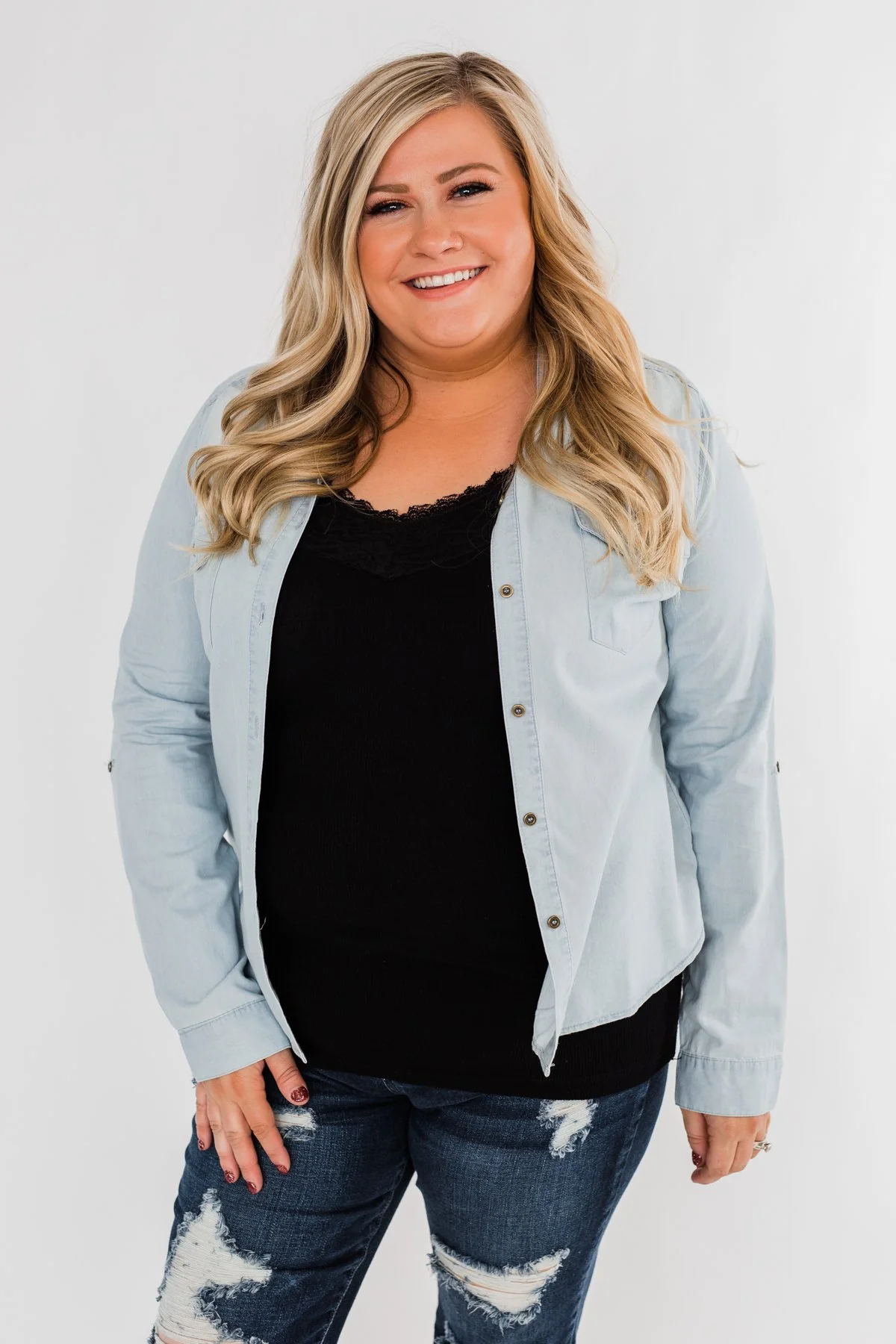 Cute In Chambray Long Sleeve Top- Light Denim - Image 2