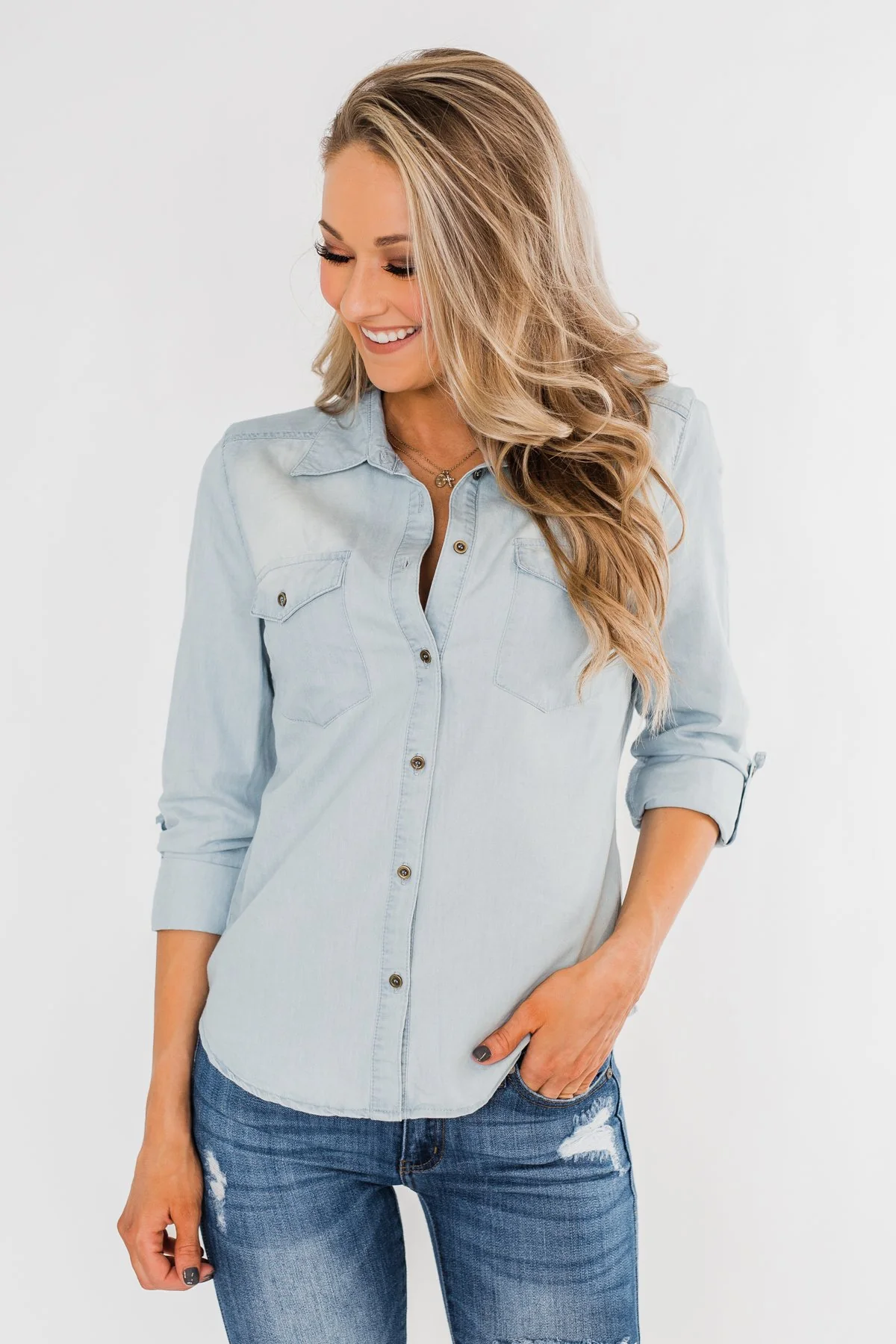 Cute In Chambray Long Sleeve Top- Light Denim - Image 6