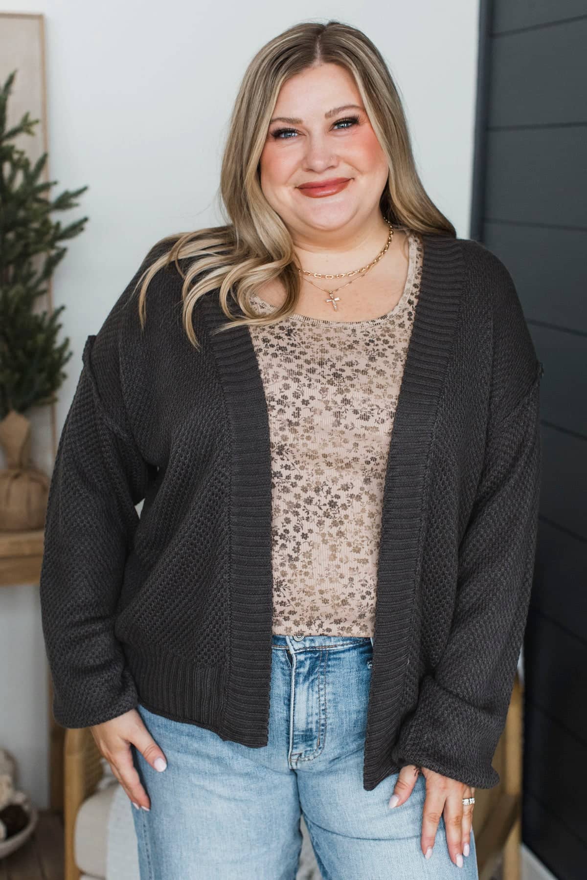 Daily Hugs Knit Drape Cardigan- Dark Charcoal - Image 3