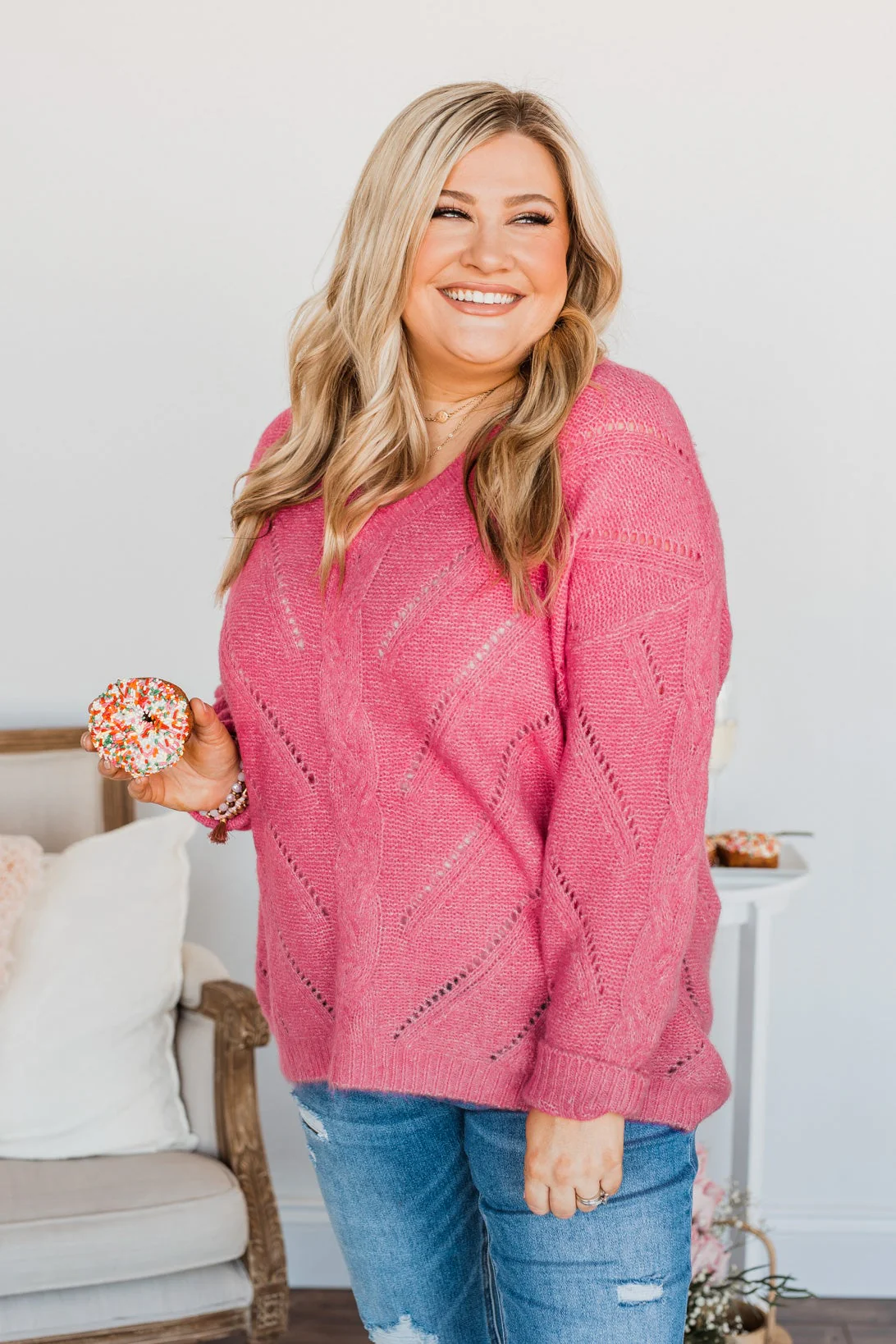 Dance Into The Night Pointelle Sweater- Bright Pink - Image 3