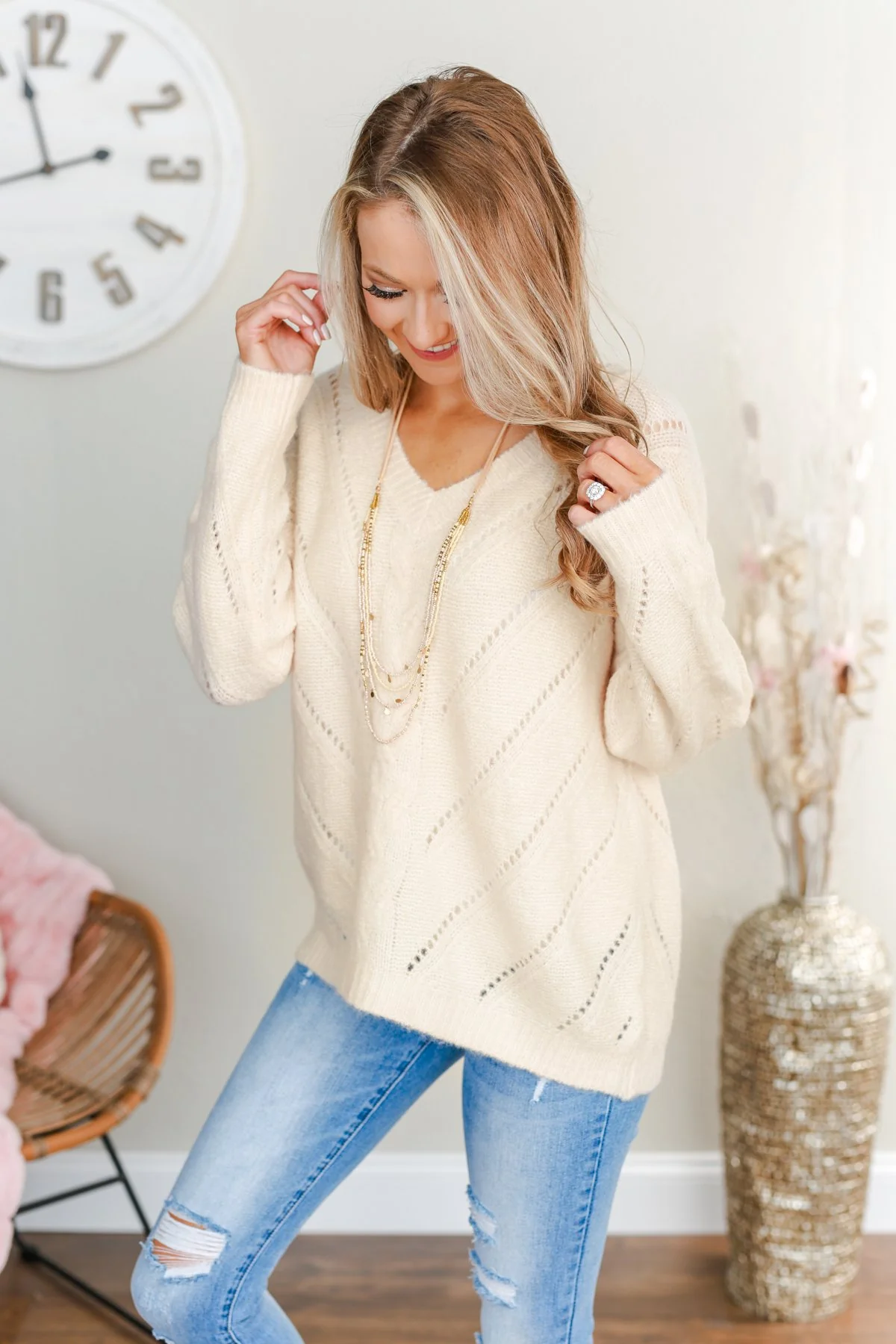 Dance Into The Night Pointelle Sweater- Cream - Image 7