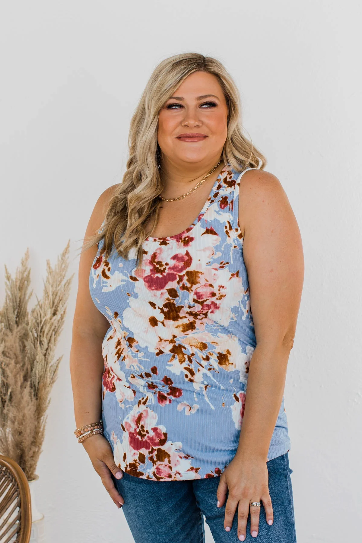 Dance On The Beach Ribbed Floral Tank- Blue - Image 3
