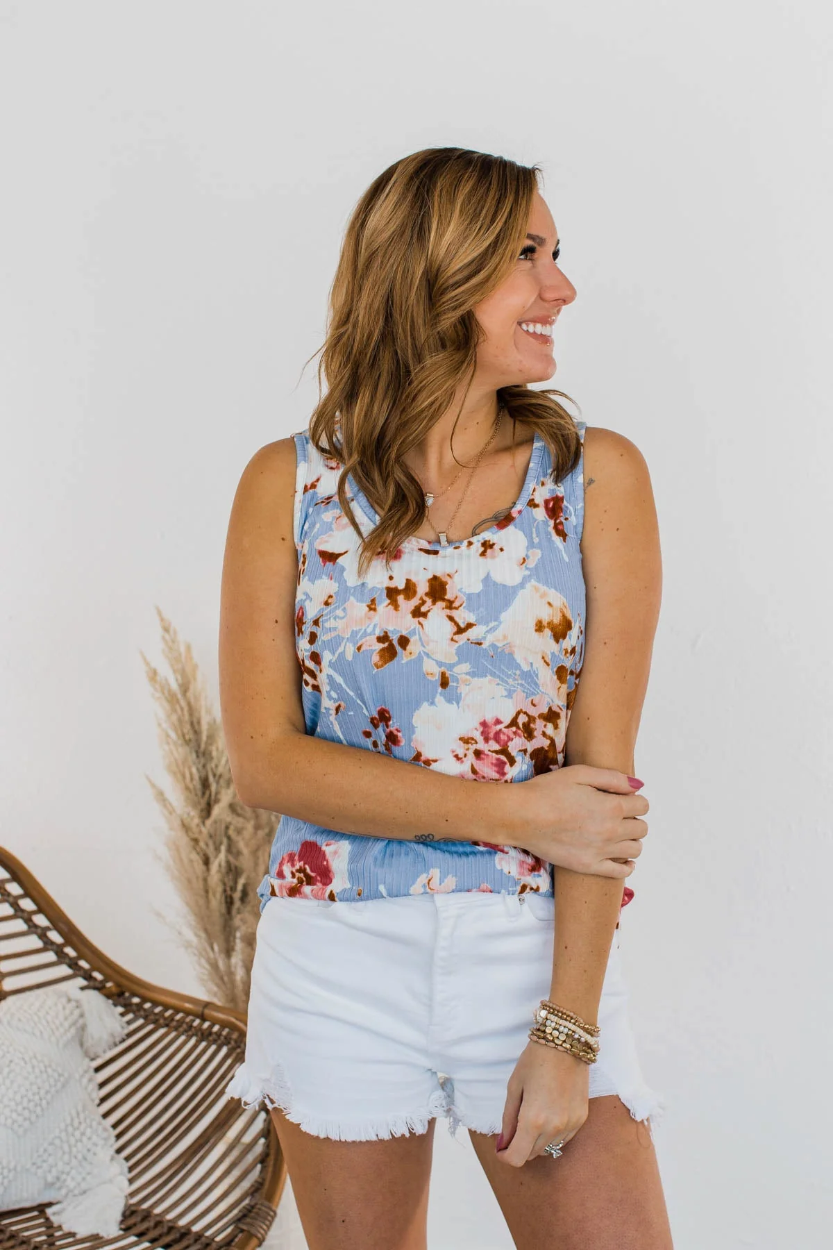 Dance On The Beach Ribbed Floral Tank- Blue - Image 4
