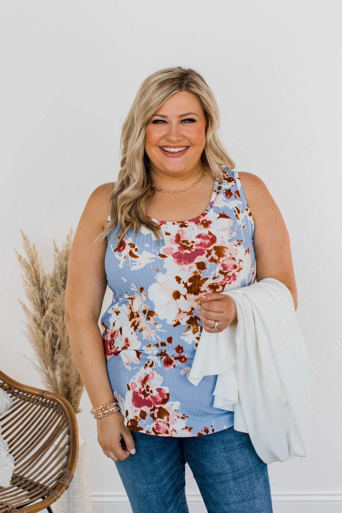 Dance On The Beach Ribbed Floral Tank- Blue - Image 6