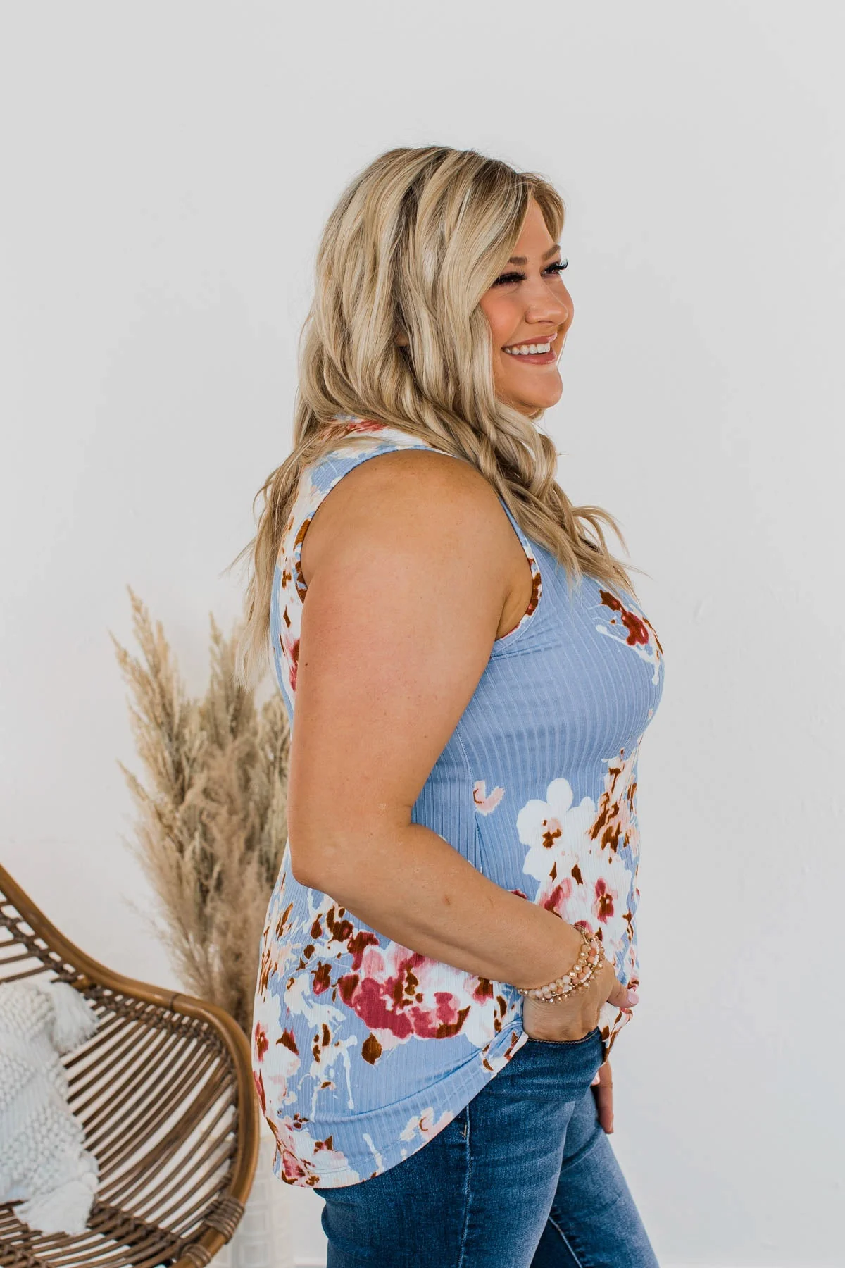 Dance On The Beach Ribbed Floral Tank- Blue - Image 9