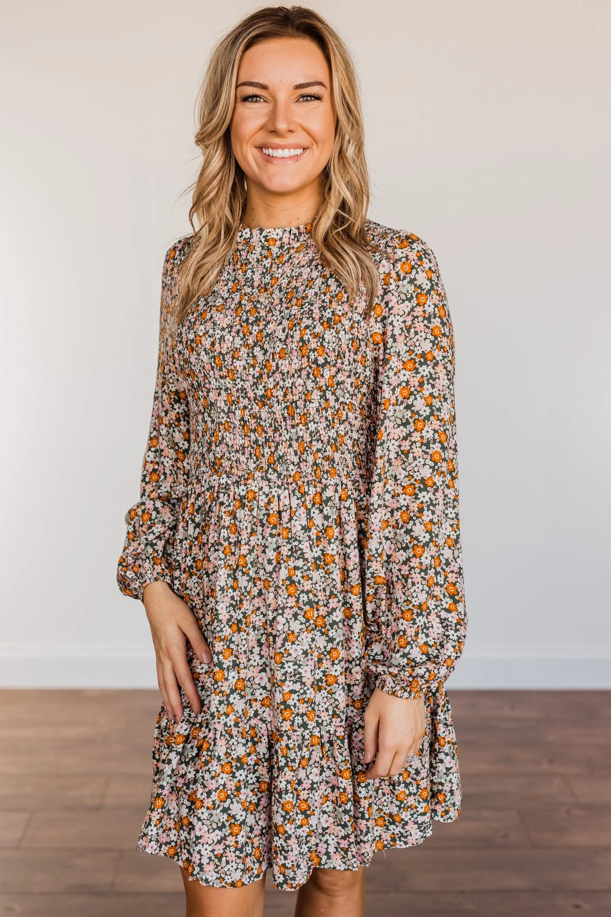 Dance The Night Away Smocked Floral Dress- Olive - Image 4