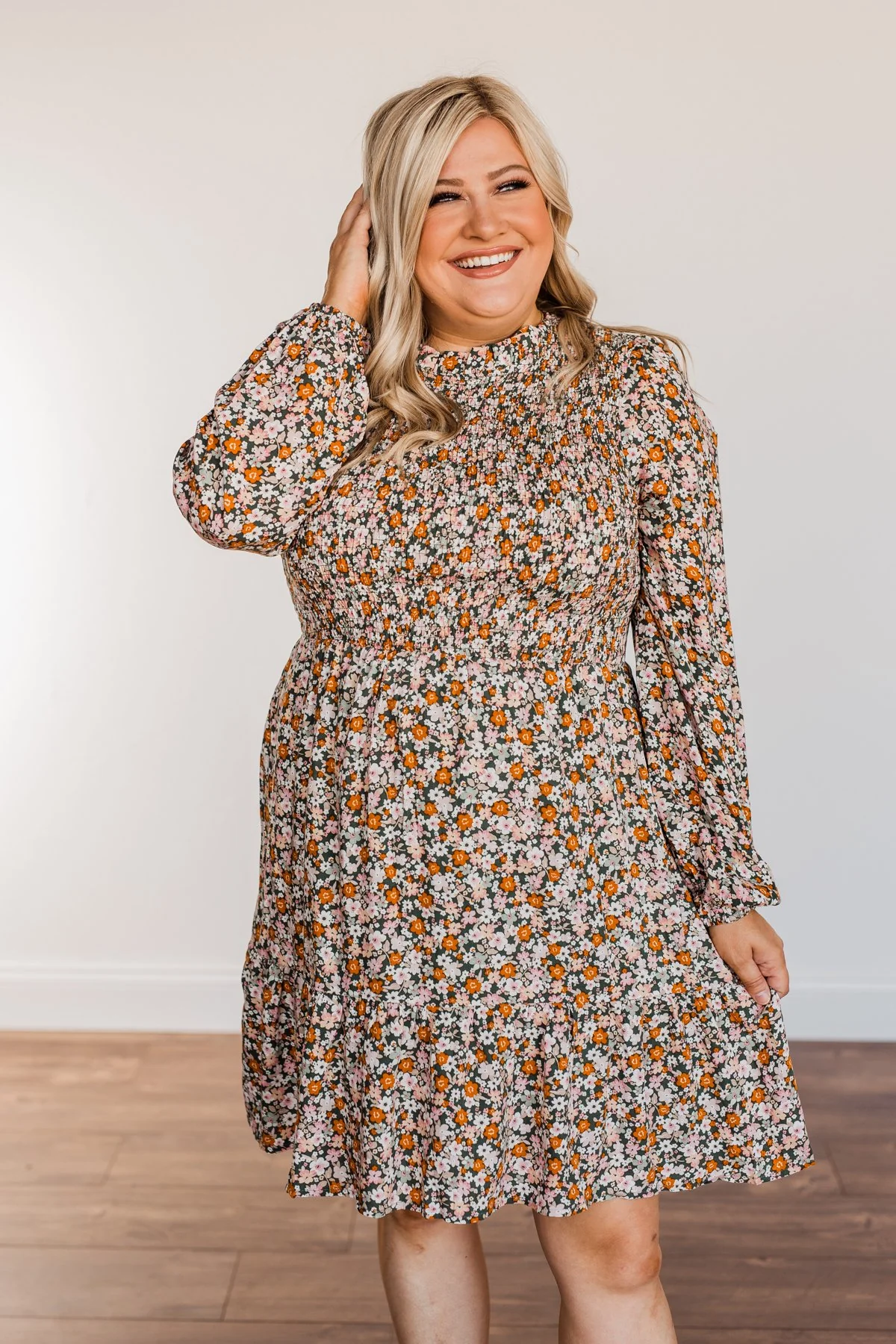Dance The Night Away Smocked Floral Dress- Olive - Image 7