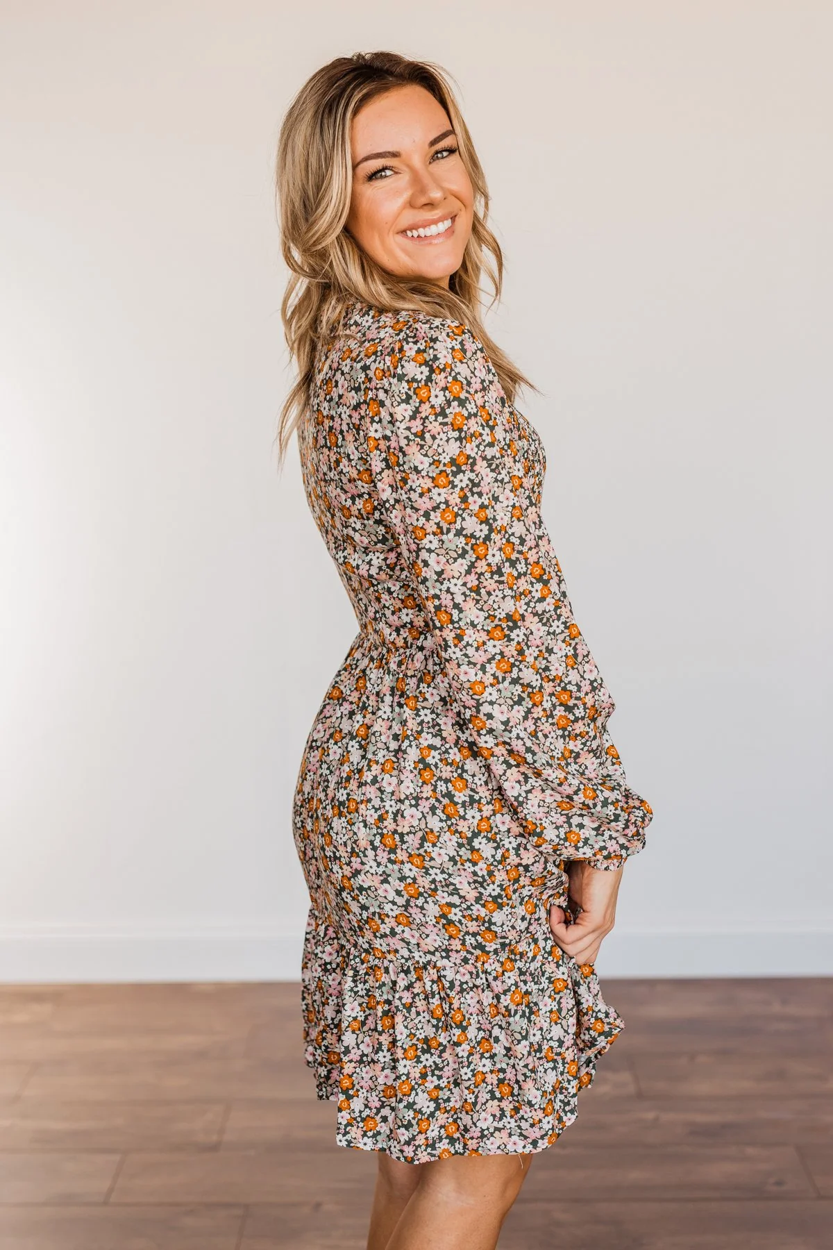 Dance The Night Away Smocked Floral Dress- Olive - Image 9