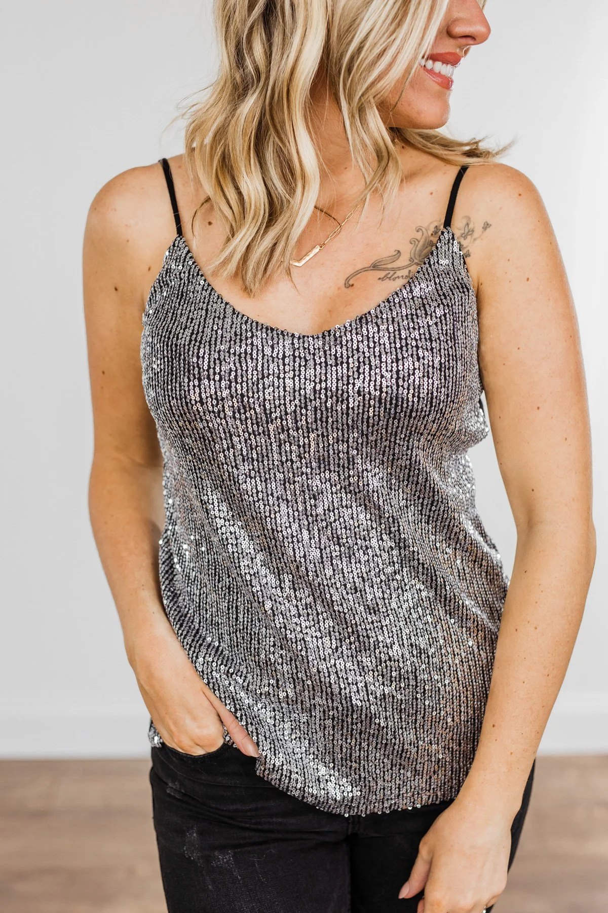 Dance Through The Night Sequin Tank Top- Black & Silver - Image 3