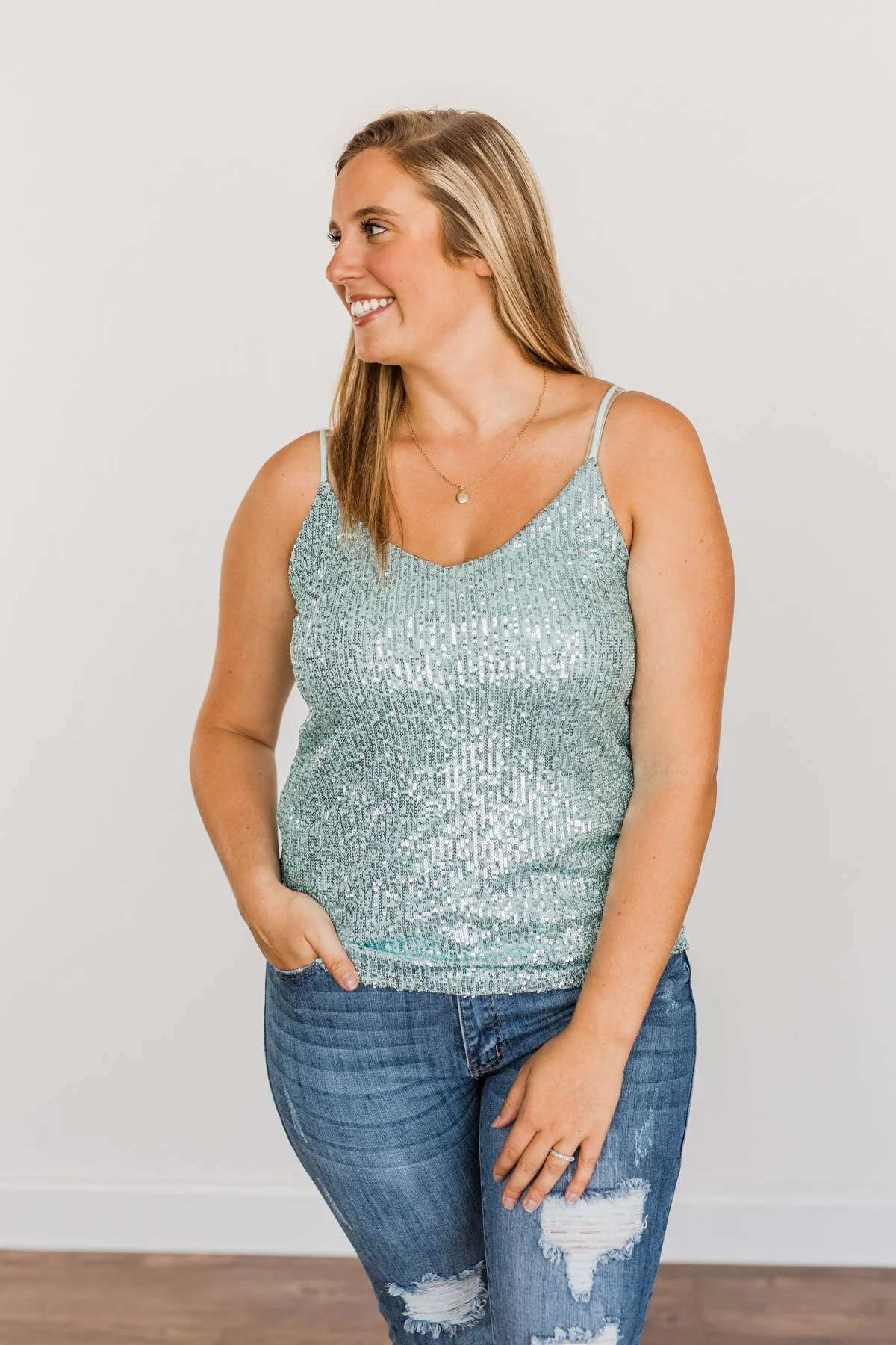 Dance Through The Night Sequin Tank Top- Mint Blue - Image 8