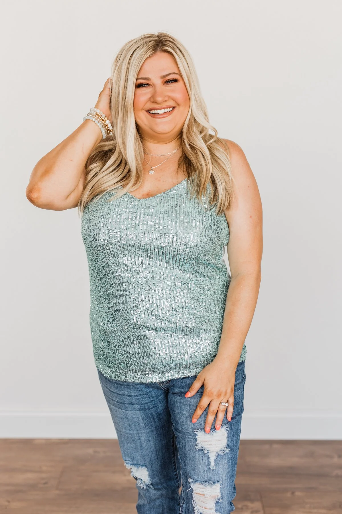 Dance Through The Night Sequin Tank Top- Mint Blue - Image 9