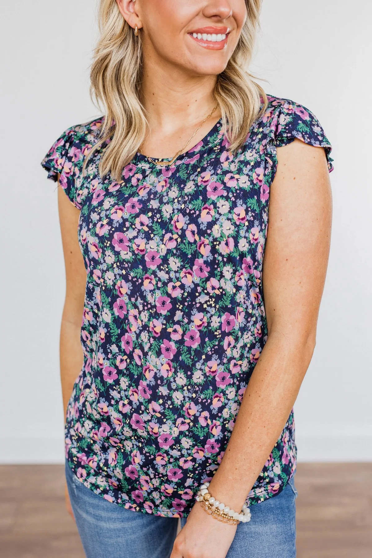 Dance Through The Petals Floral Top- Navy - Image 5