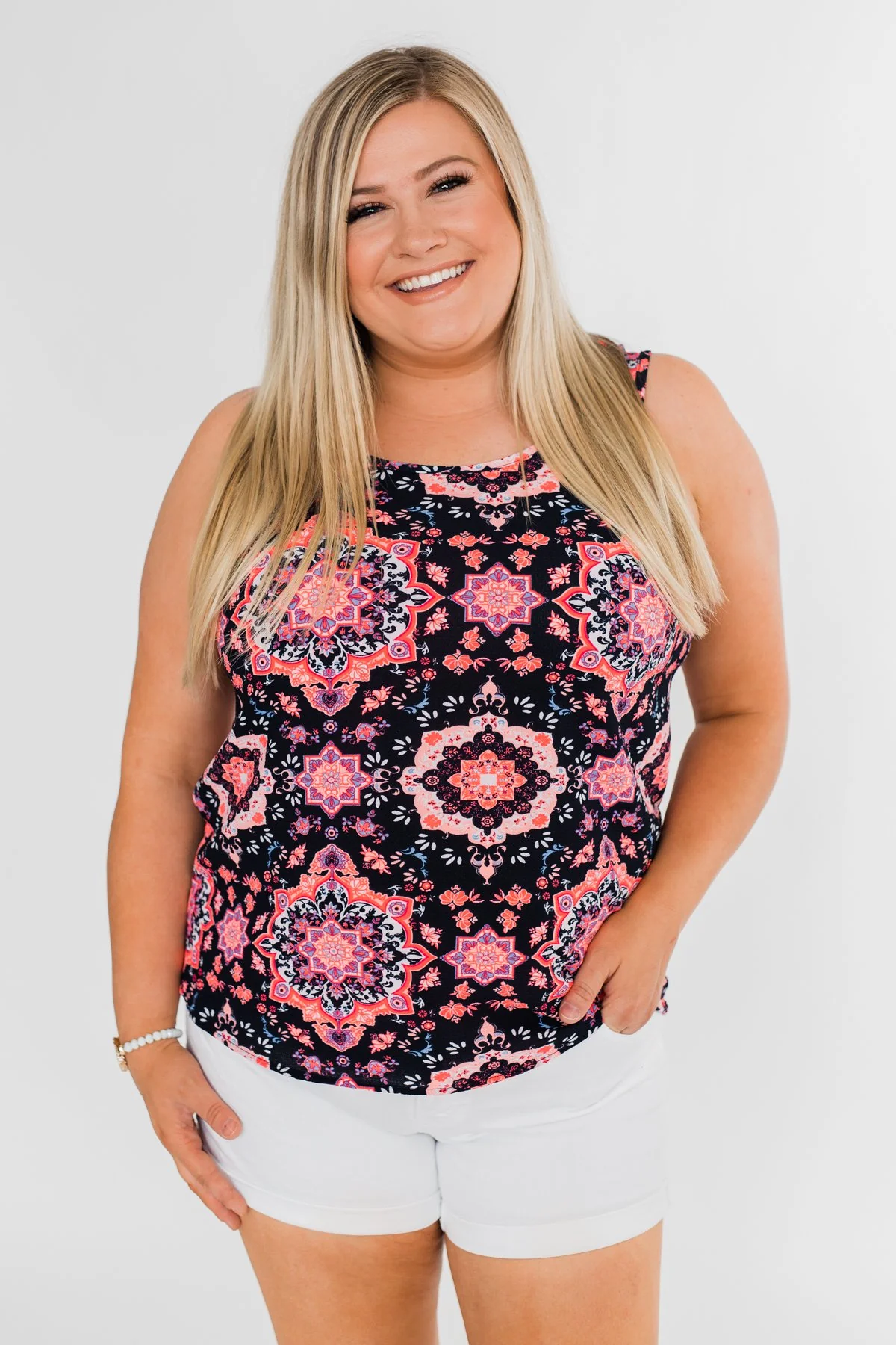 Dance With Me Geo Pattern Tank Top- Navy & Pink - Image 2