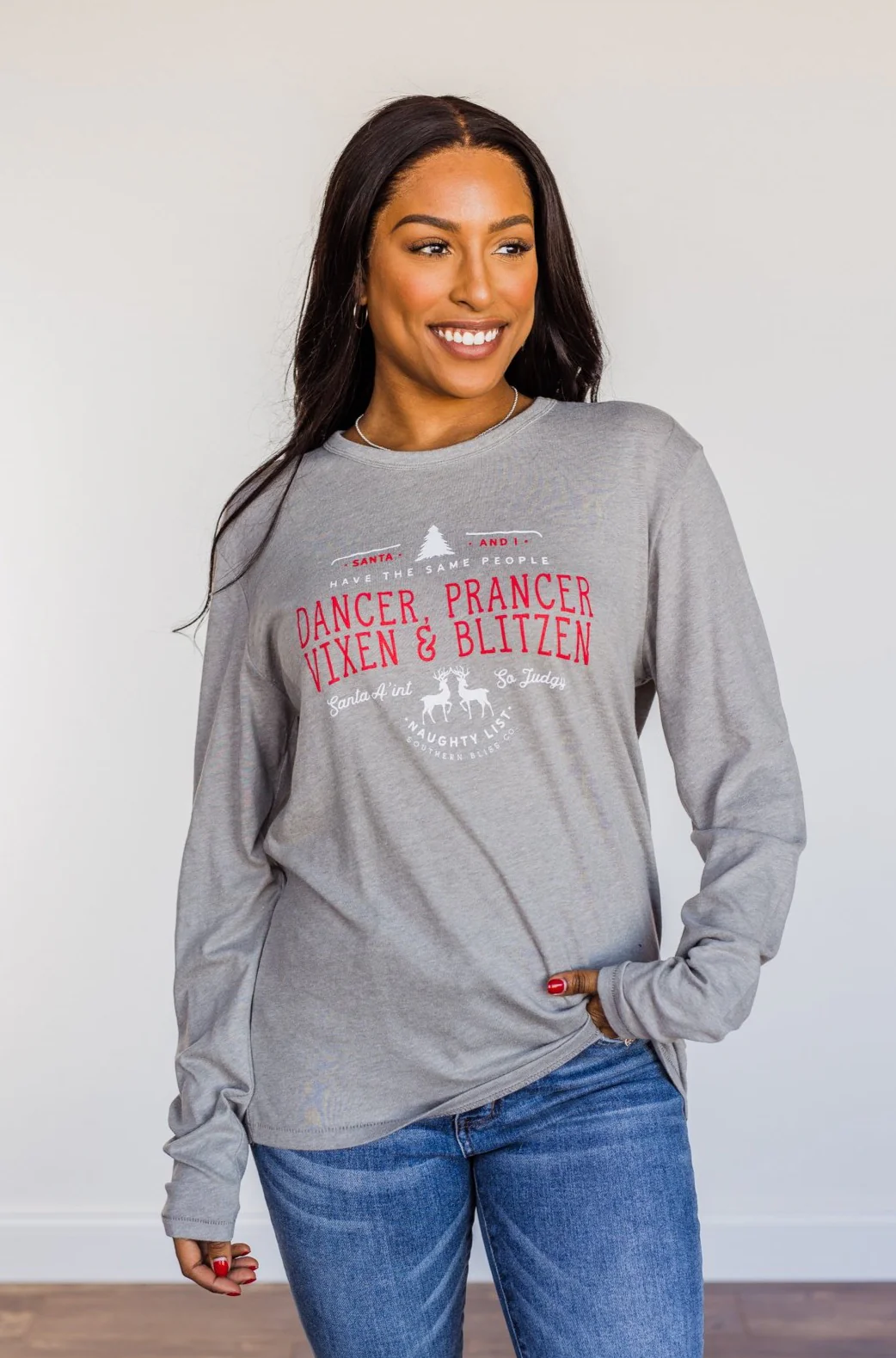 "Dancer, Prancer" Graphic Long Sleeve Top- Grey