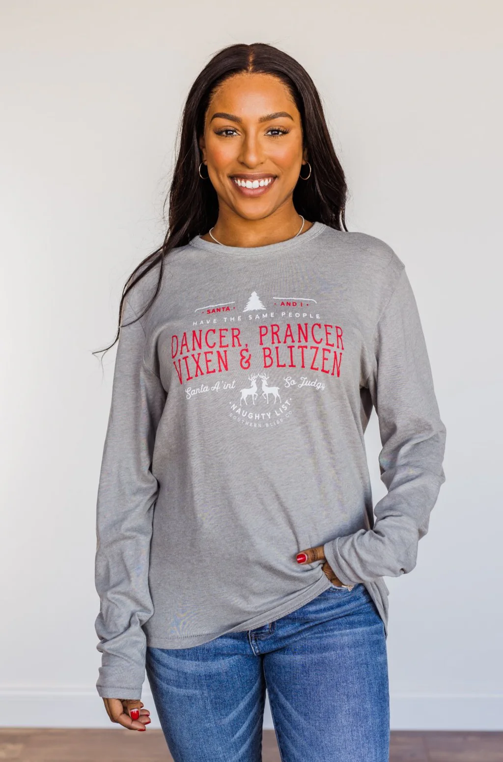 "Dancer, Prancer" Graphic Long Sleeve Top- Grey - Image 4