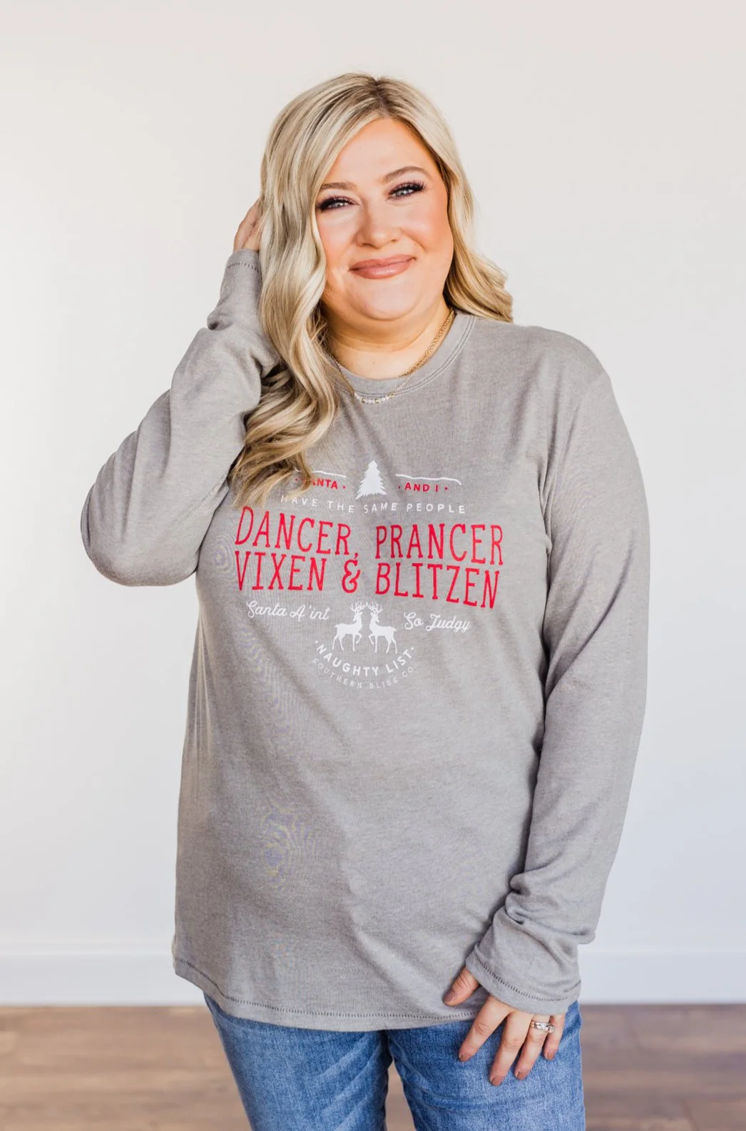 "Dancer, Prancer" Graphic Long Sleeve Top- Grey - Image 5