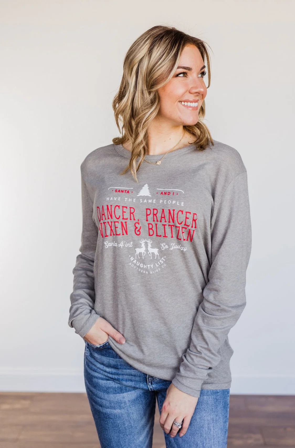 "Dancer, Prancer" Graphic Long Sleeve Top- Grey - Image 6