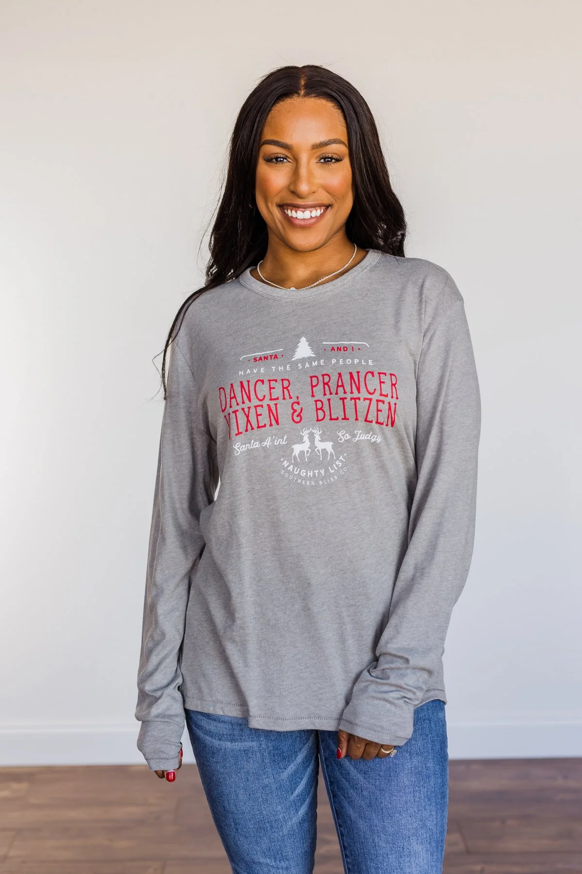 "Dancer, Prancer" Graphic Long Sleeve Top- Grey - Image 7