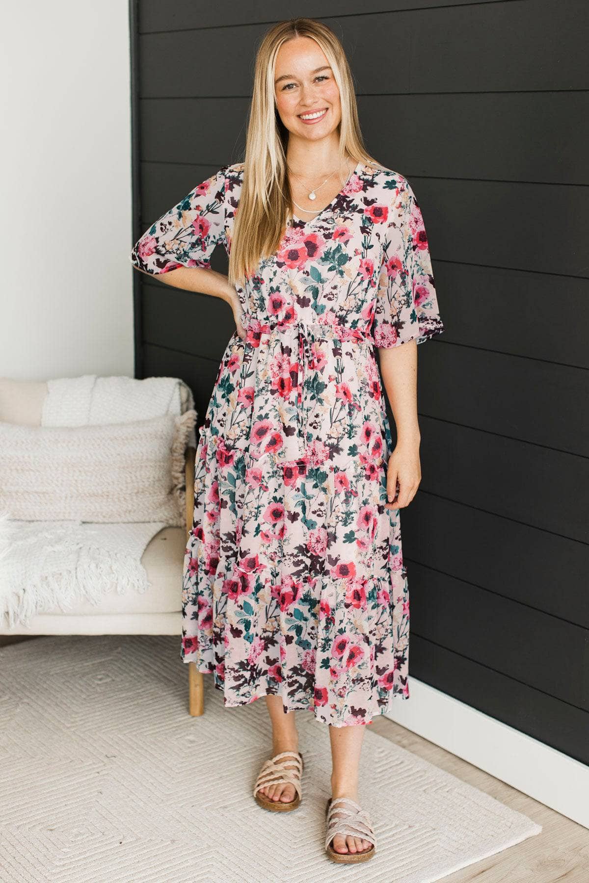 Dancing In The Rain Floral Dress- Off White & Pink