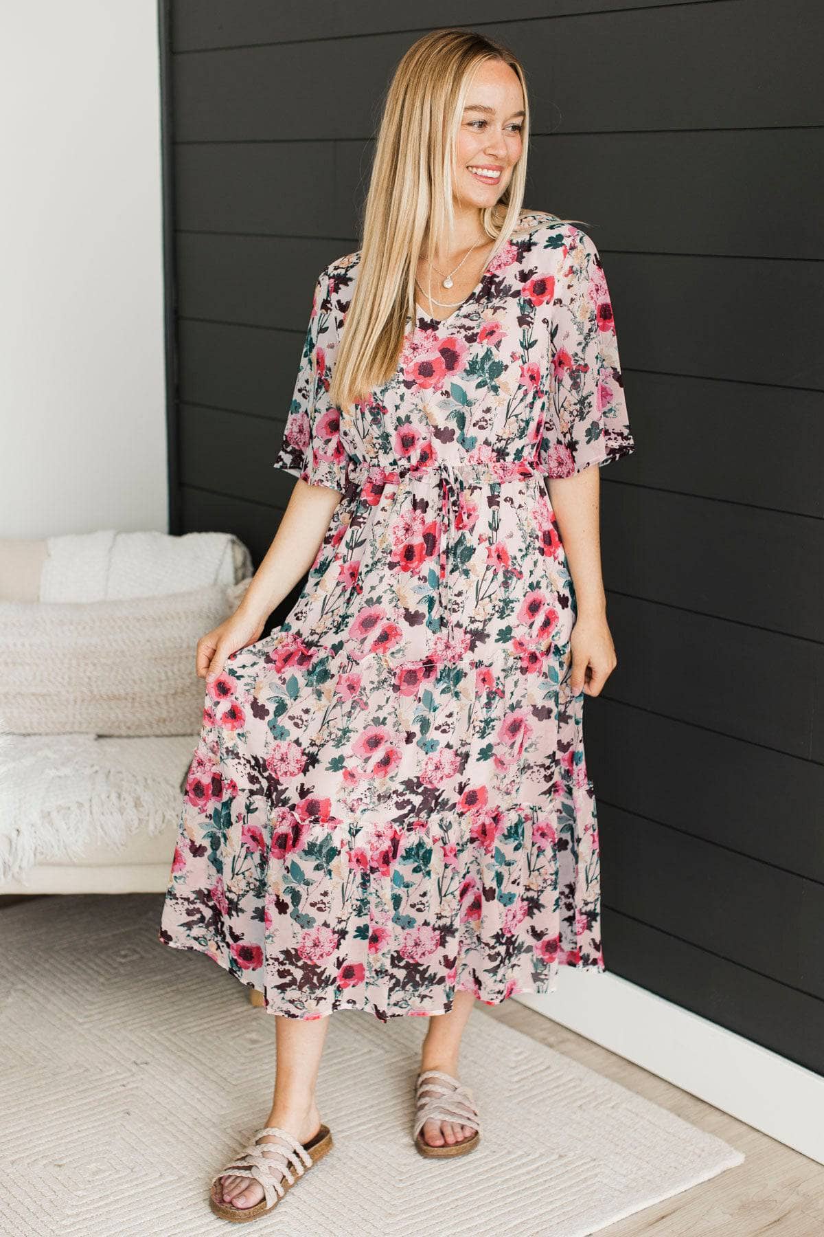 Dancing In The Rain Floral Dress- Off White & Pink - Image 3