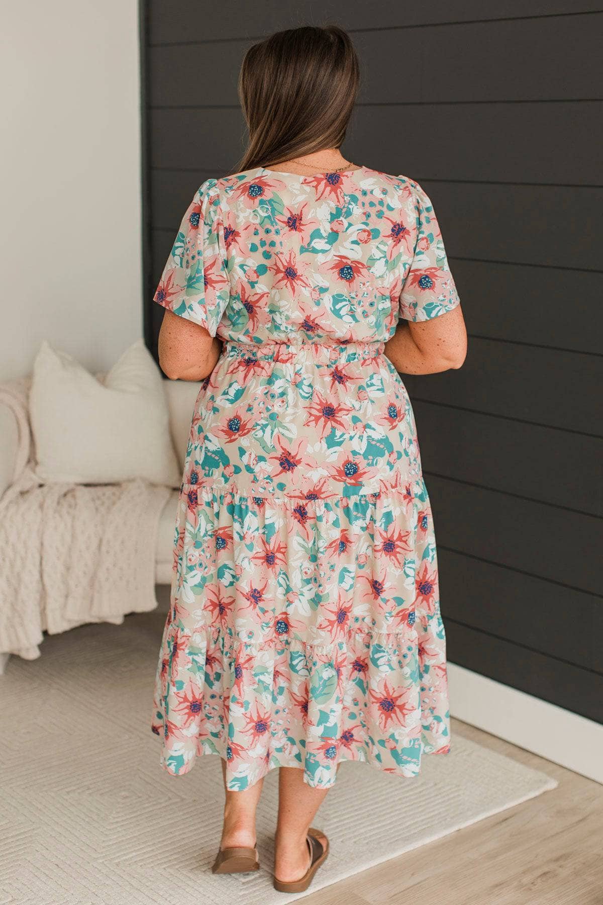 Dancing Through Spring Floral Dress- Beige & Coral - Image 5