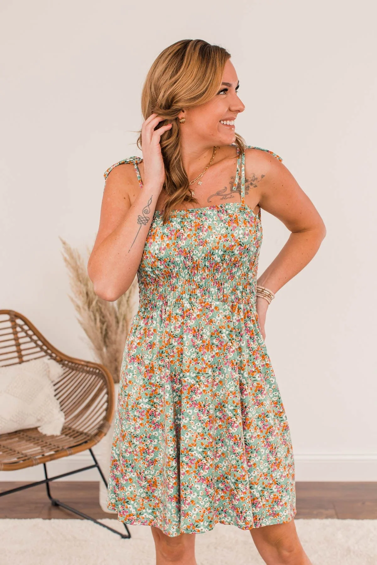 Dandelion Daydreams Floral Dress- Dusty Teal - Image 8