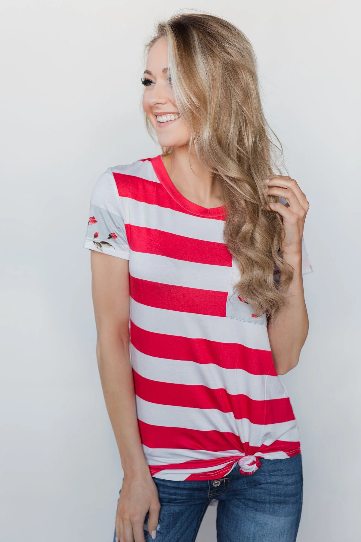 Dare to be Bold Floral & Stripes Top - Bright Strawberry - Image 5