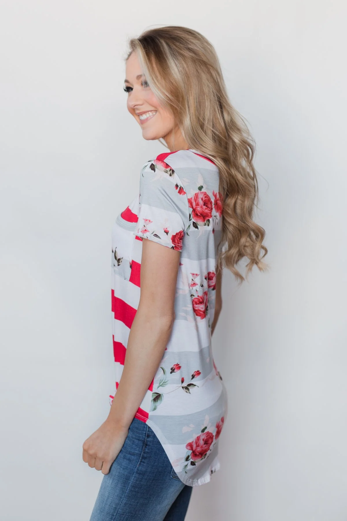 Dare to be Bold Floral & Stripes Top - Bright Strawberry - Image 6