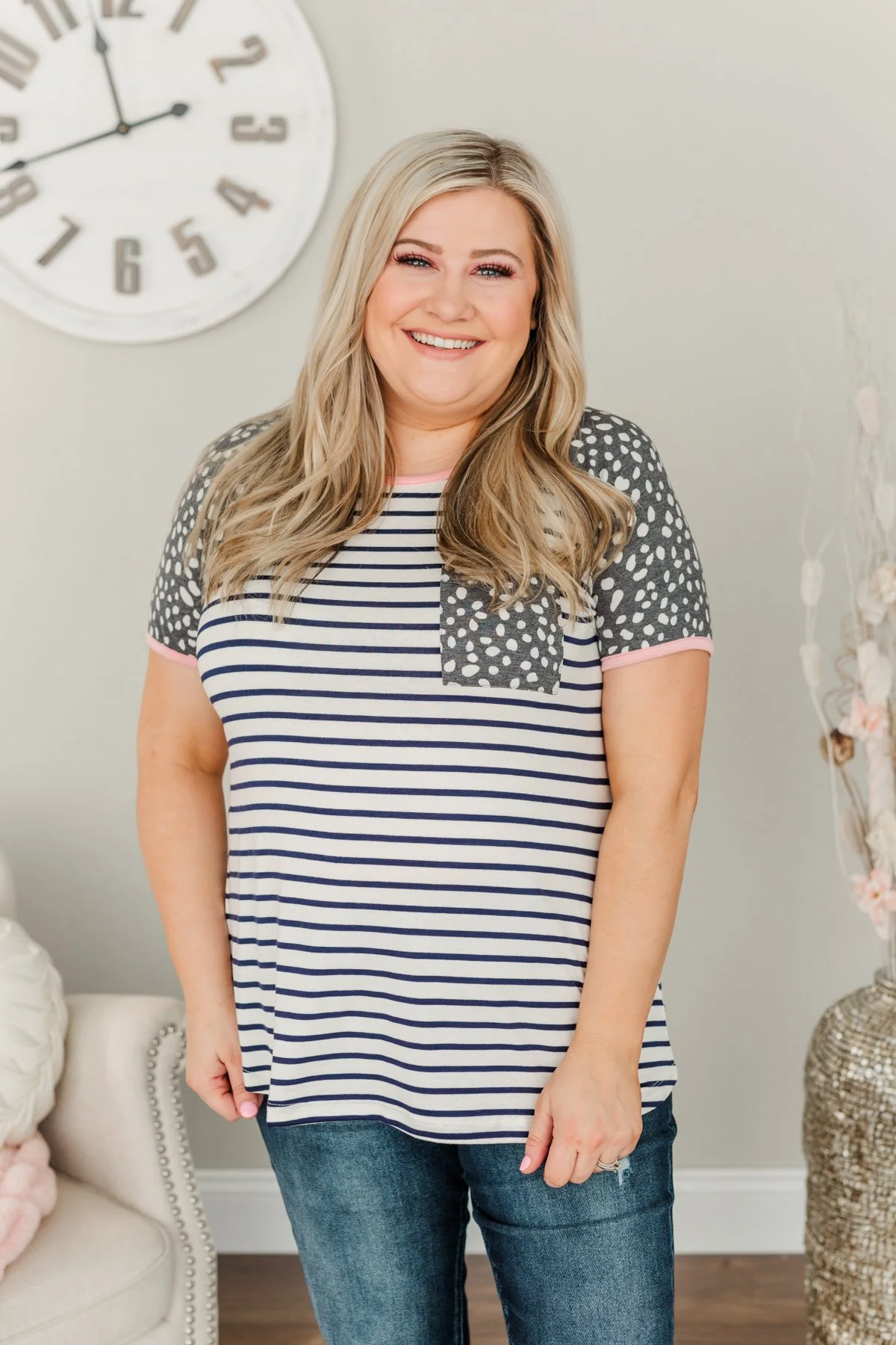 Dare To Be Different Spots & Stripes Top- Ivory, Navy, & Charcoal - Image 3