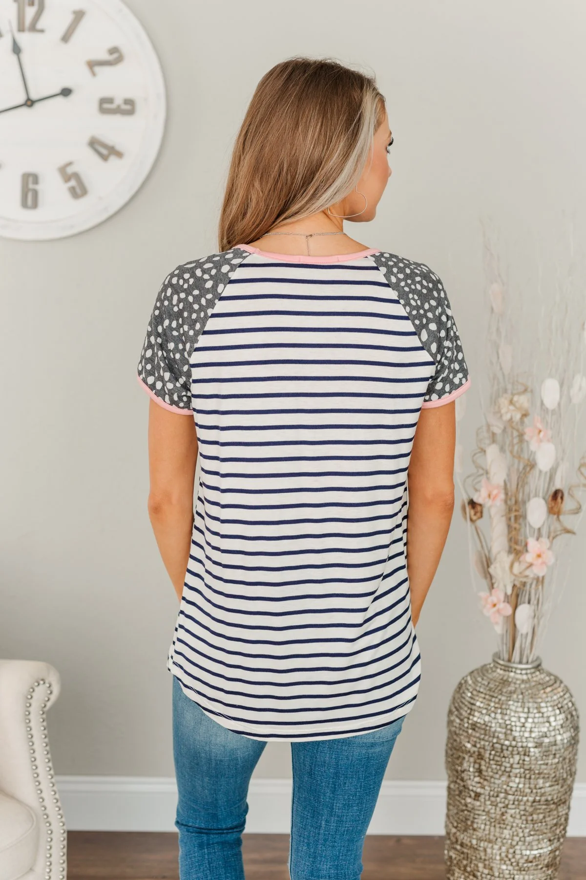 Dare To Be Different Spots & Stripes Top- Ivory, Navy, & Charcoal - Image 6