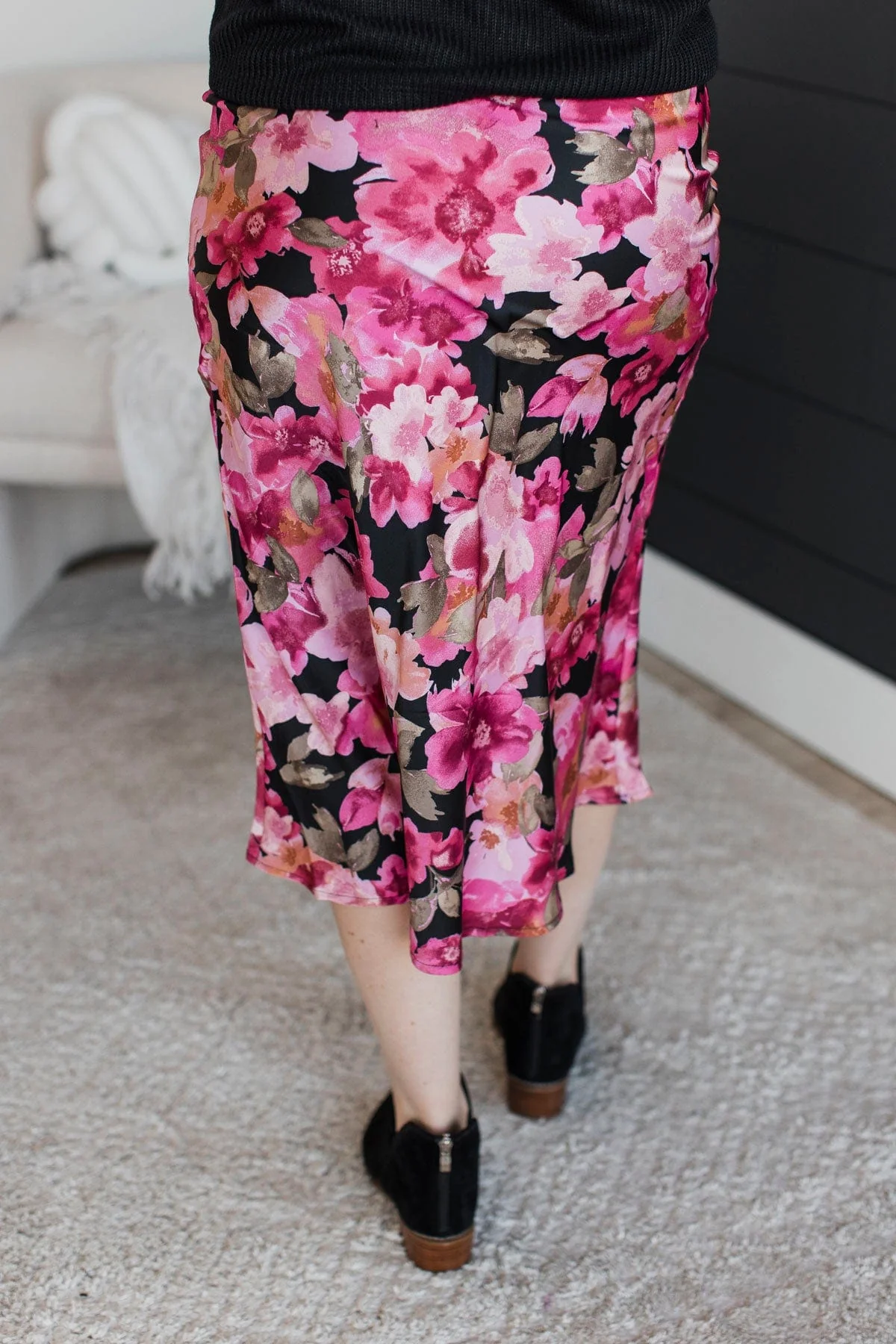 Daring Determination Floral Midi Skirt- Black & Fuchsia - Image 7