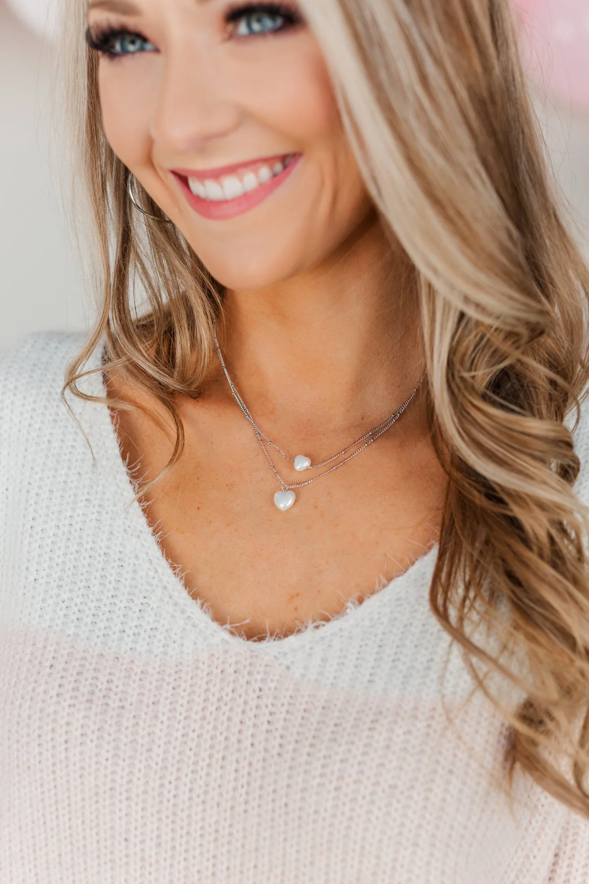 Darling 2-Tier Heart Necklace- Silver & Pearl
