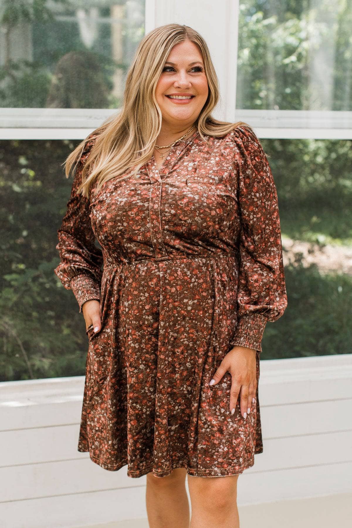 Darling Romance Floral Velvet Dress- Brown - Image 5