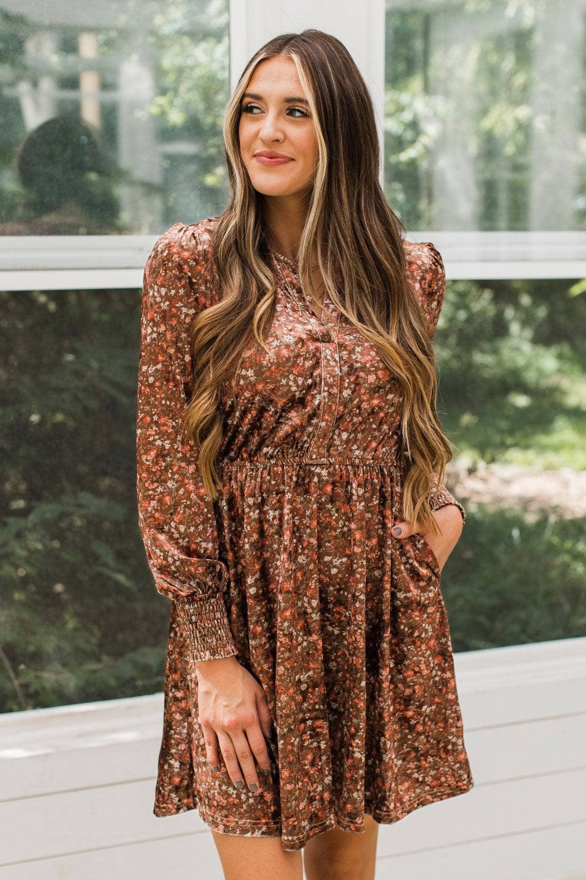 Darling Romance Floral Velvet Dress- Brown - Image 7