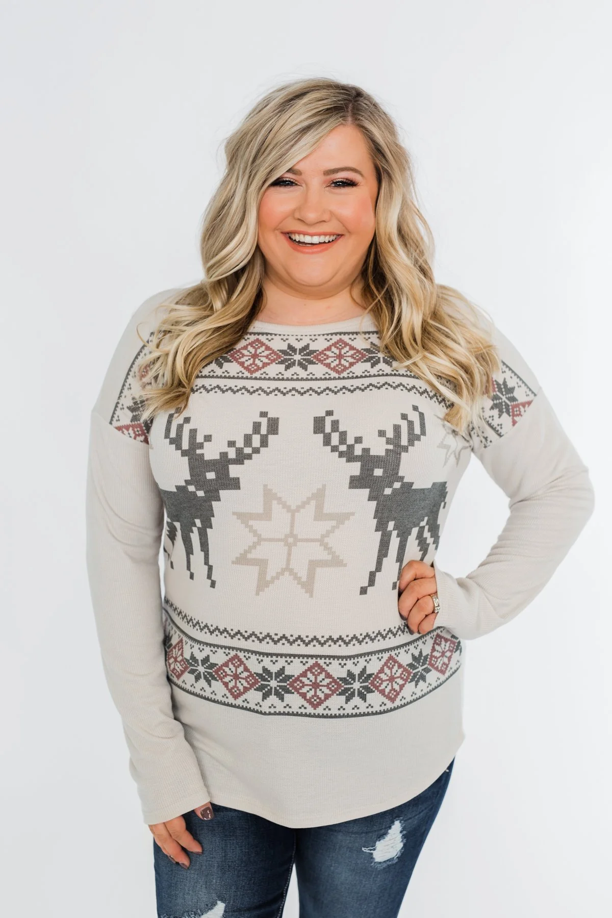 Dashing Through The Snow Thermal Top- Beige - Image 3