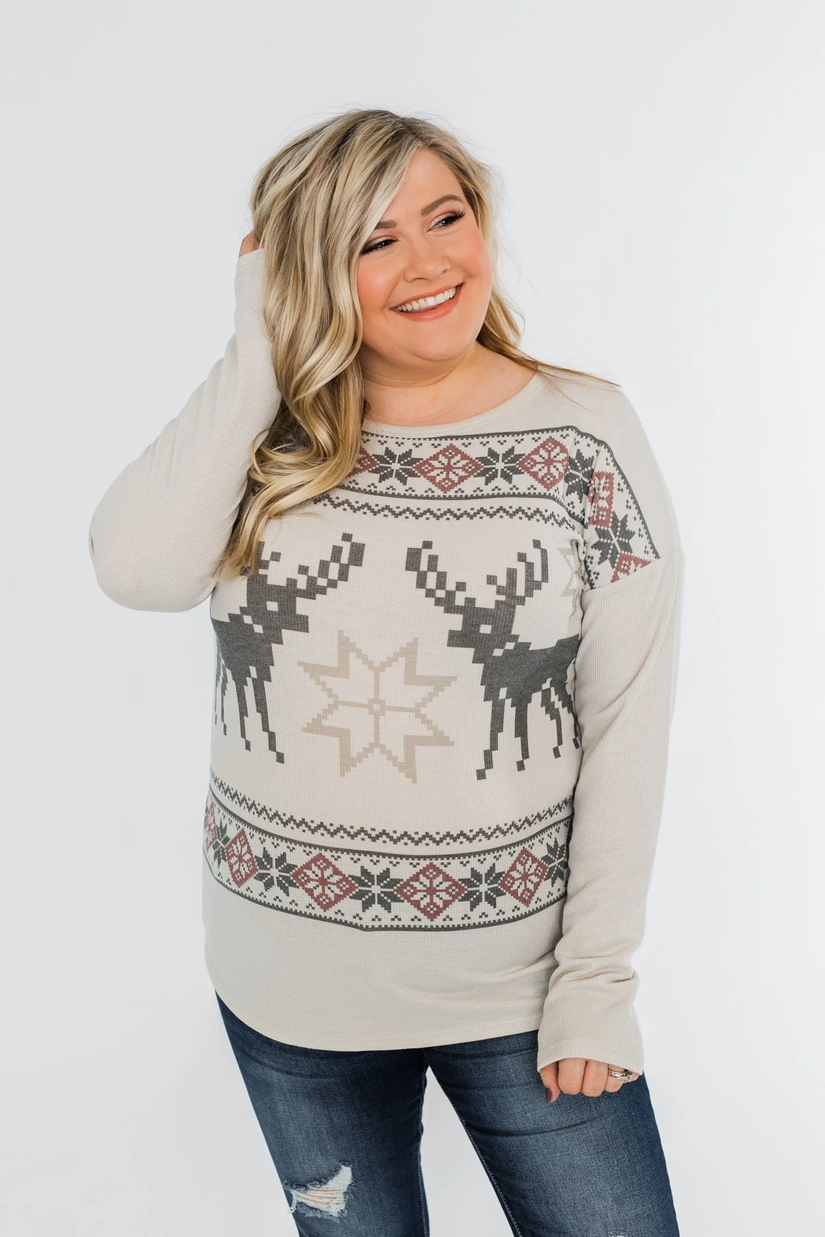 Dashing Through The Snow Thermal Top- Beige - Image 5