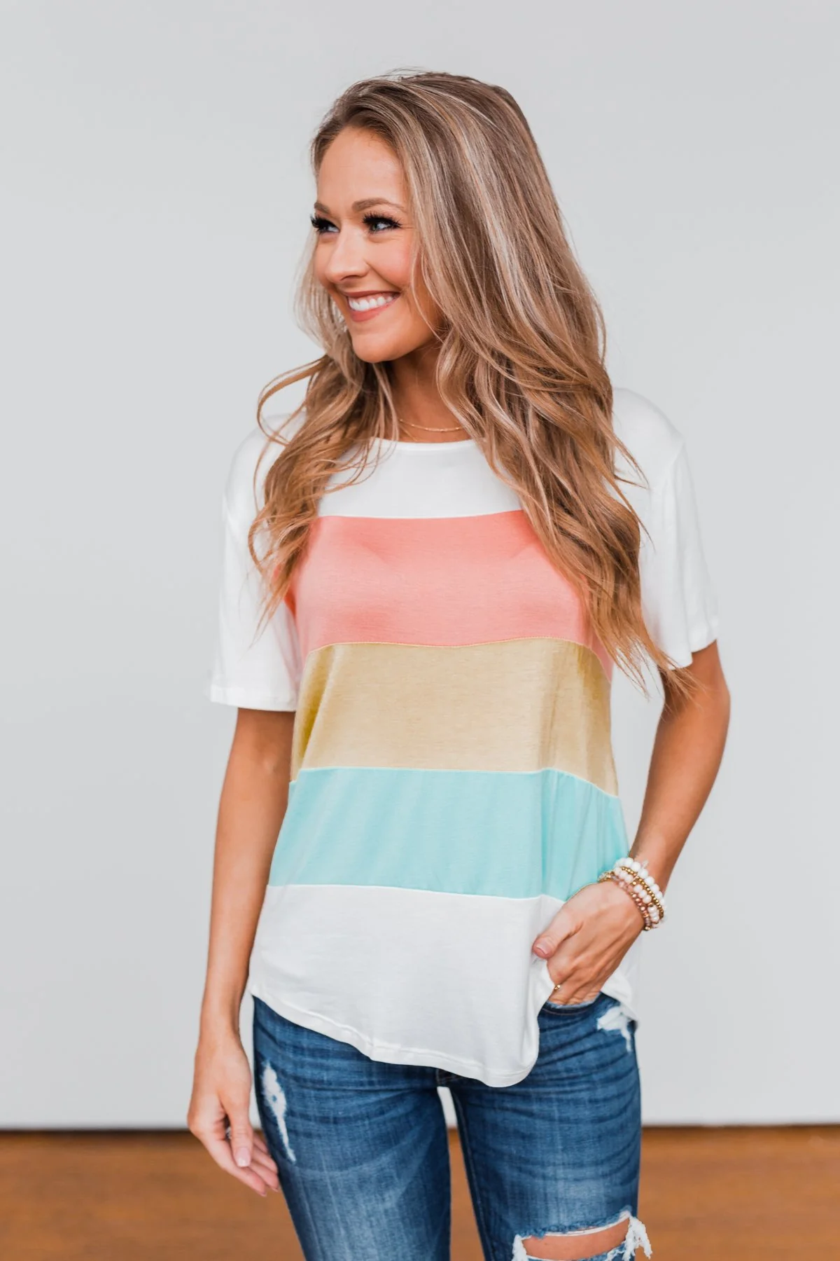 Day By Day Color Block Top- Coral, Yellow, & Blue - Image 3