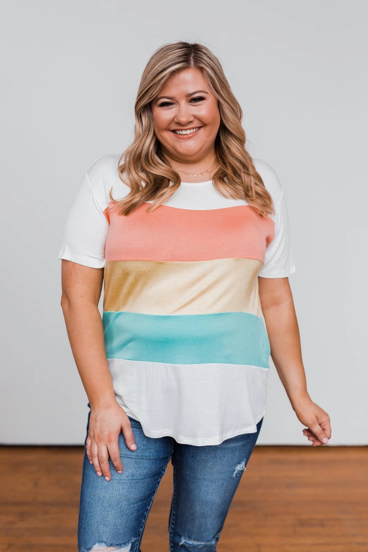 Day By Day Color Block Top- Coral, Yellow, & Blue - Image 4