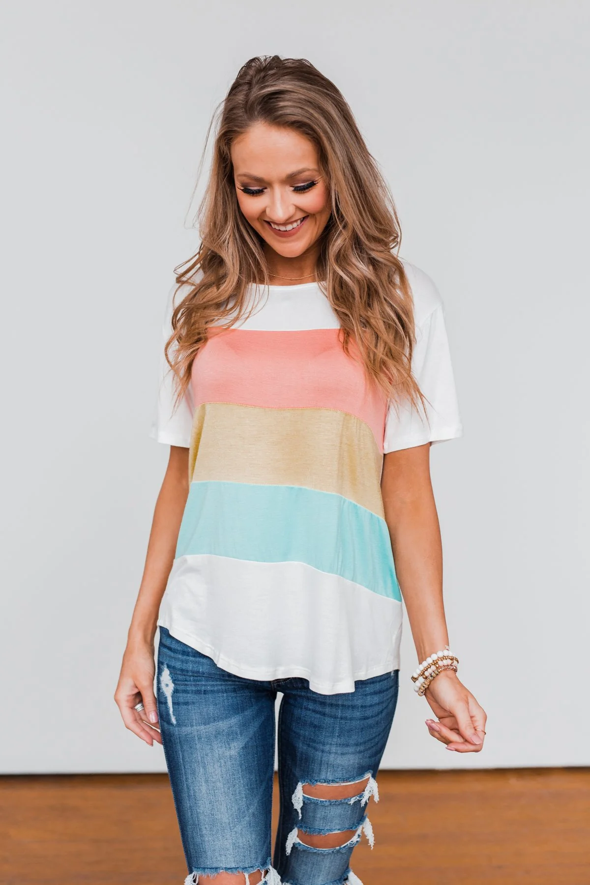 Day By Day Color Block Top- Coral, Yellow, & Blue - Image 5