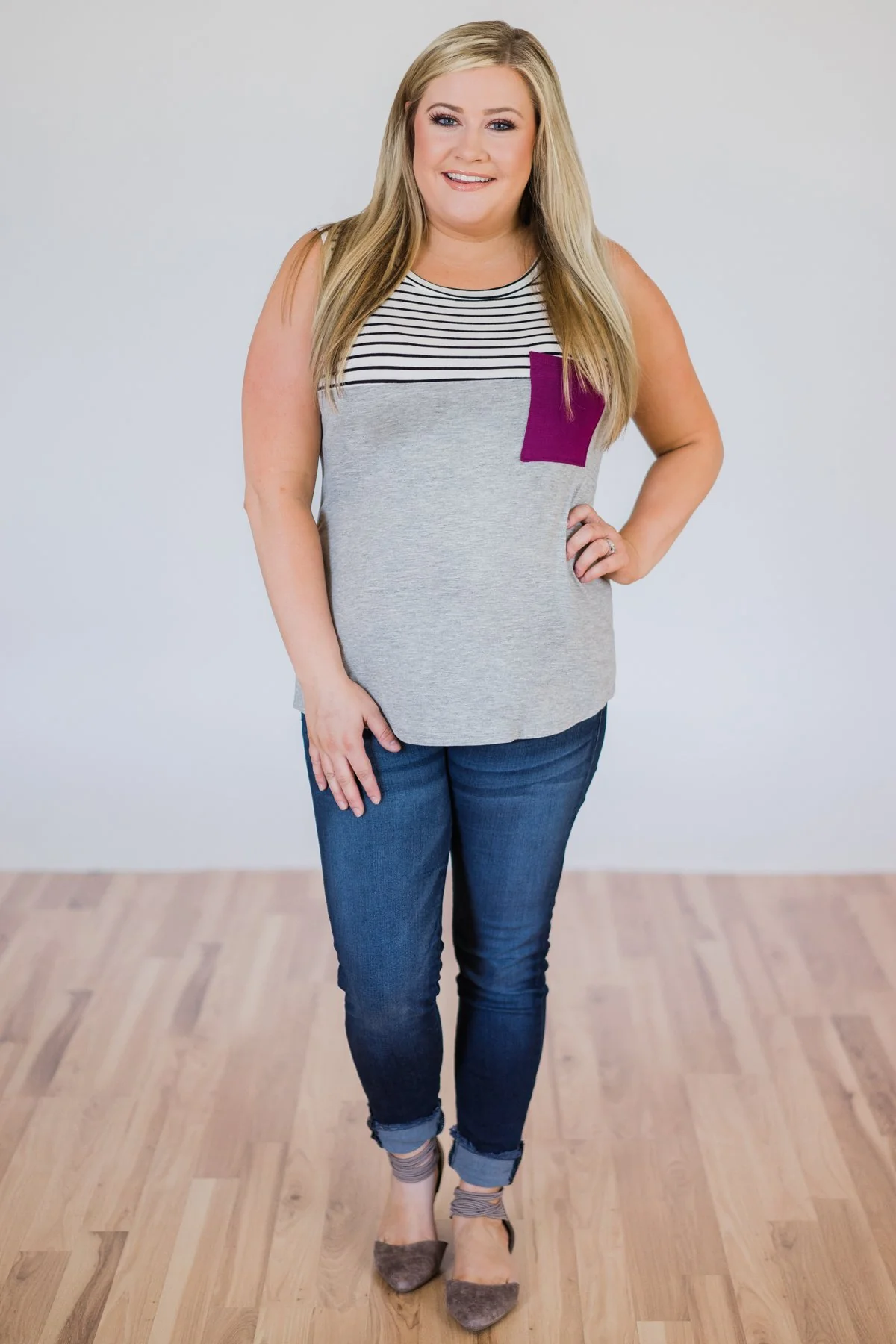Day by Day Striped Pocket Tank Top- Magenta - Image 4