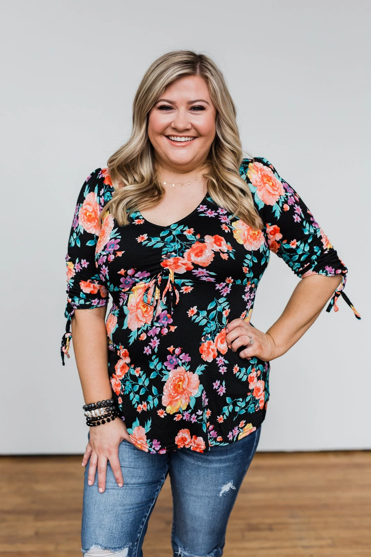 Day Dreaming Floral Cinched Top- Black - Image 2