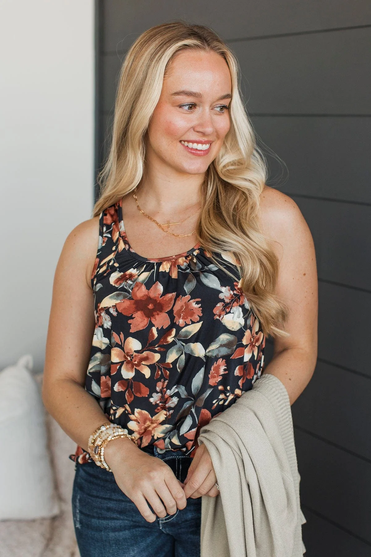 Day Dreams Of You Floral Tank Top- Black & Rust - Image 3