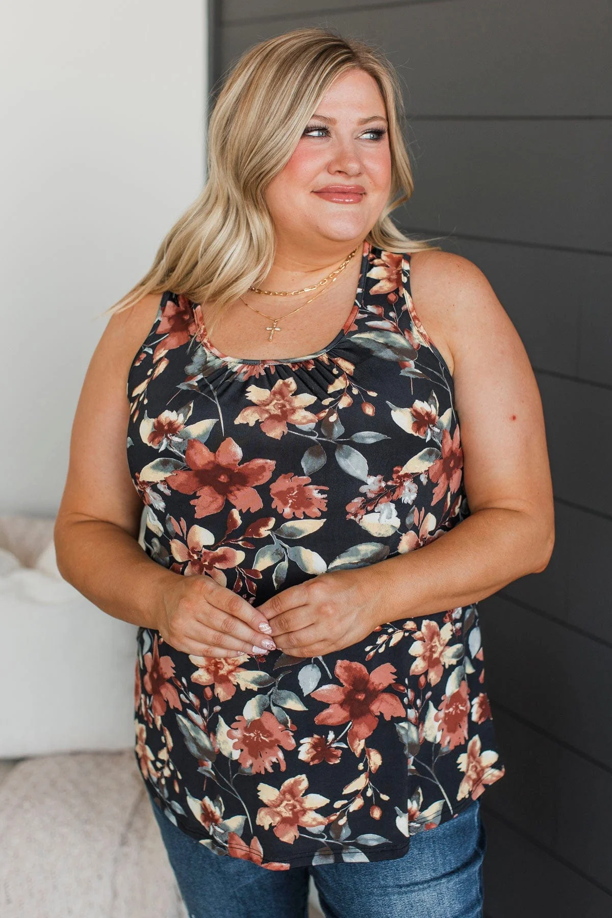 Day Dreams Of You Floral Tank Top- Black & Rust - Image 4