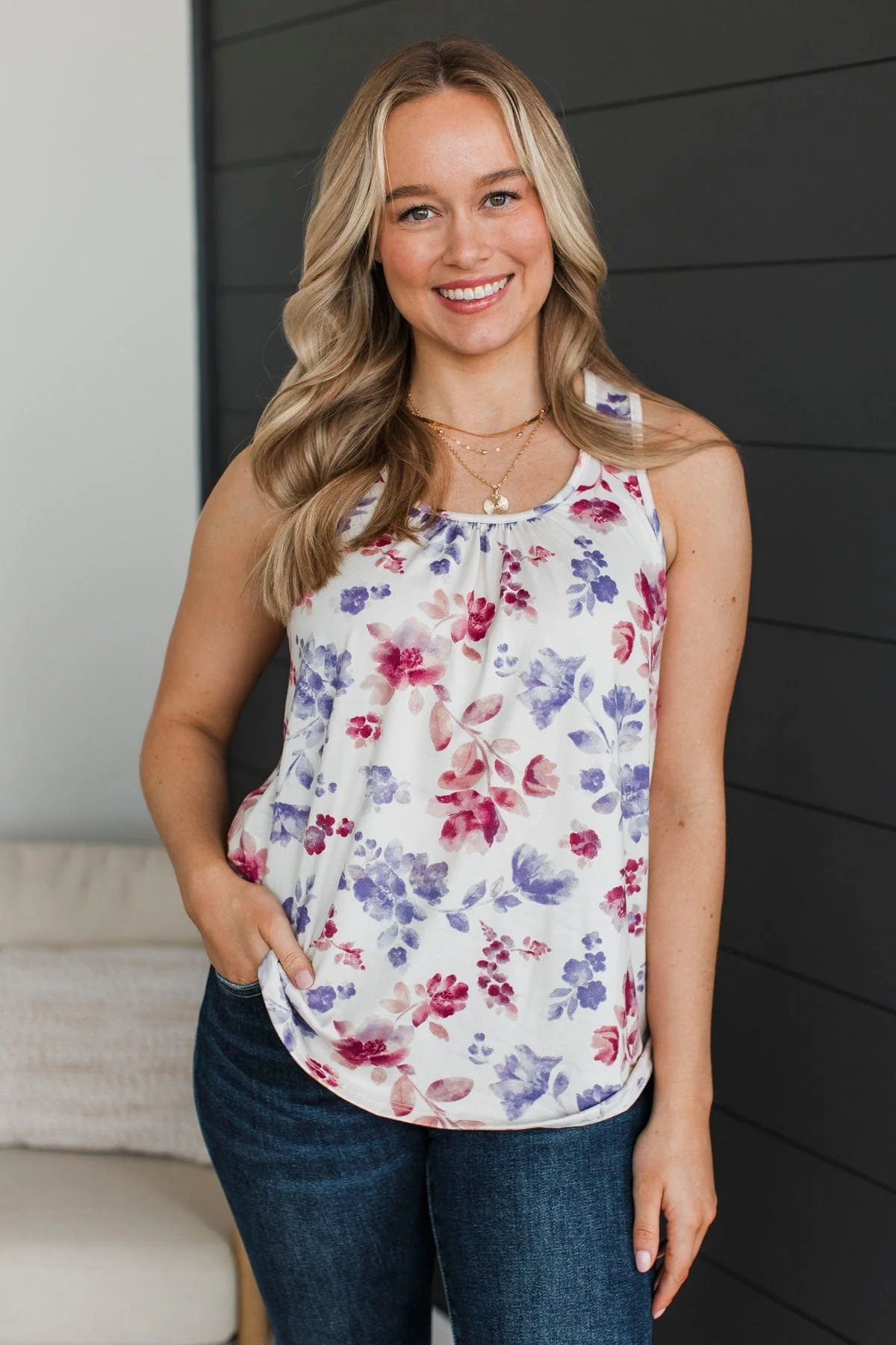 Day Dreams Of You Floral Tank Top- Bone & Purple - Image 2