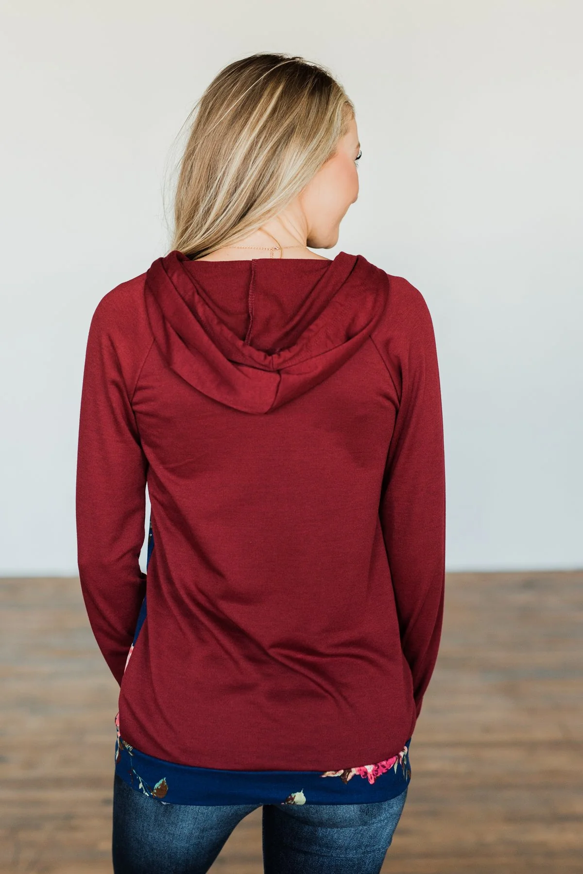 Day Is Made Floral Drawstring Hoodie- Navy & Burgundy - Image 8