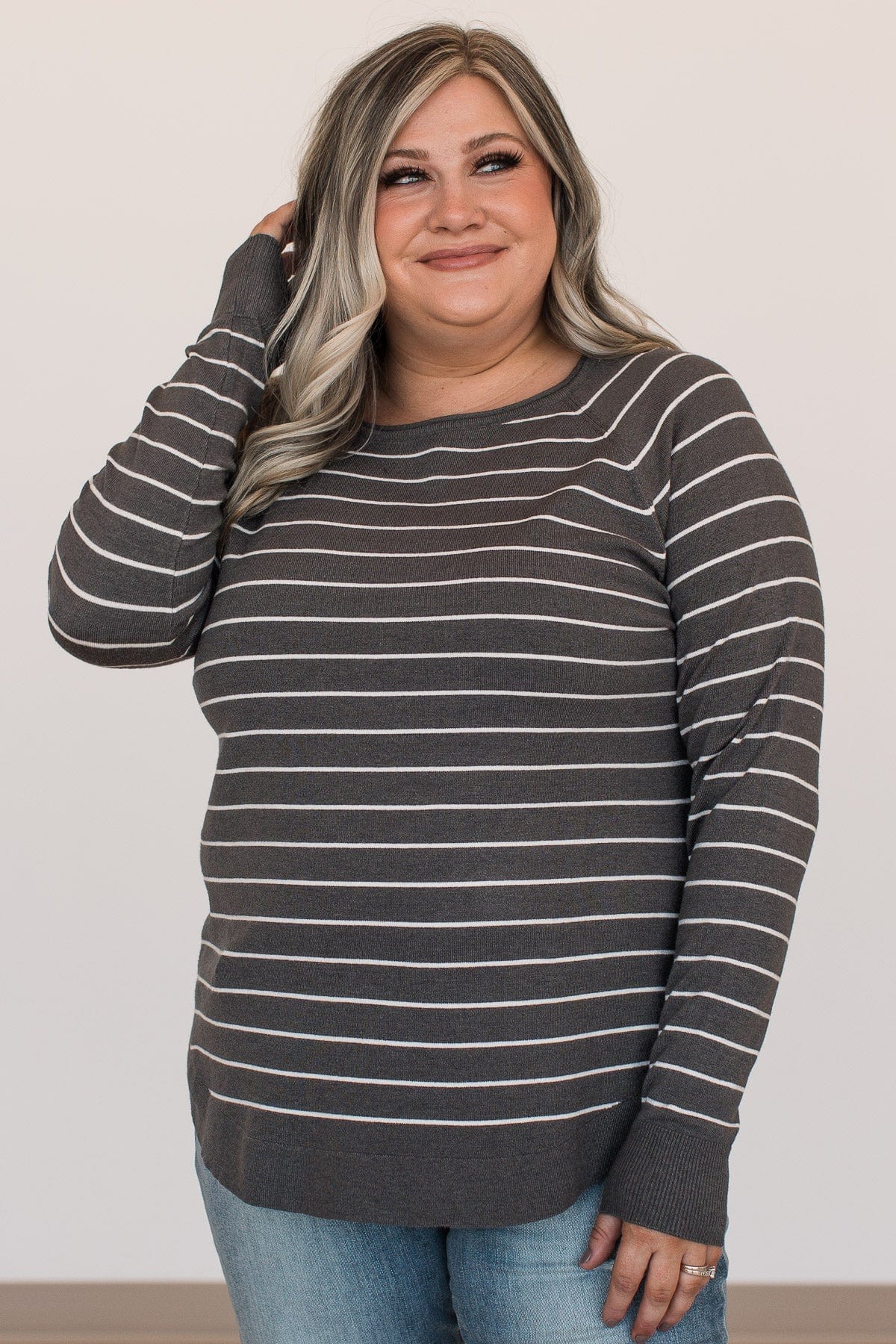 Days Like These Striped Knit Sweater- Charcoal & Ivory - Image 11