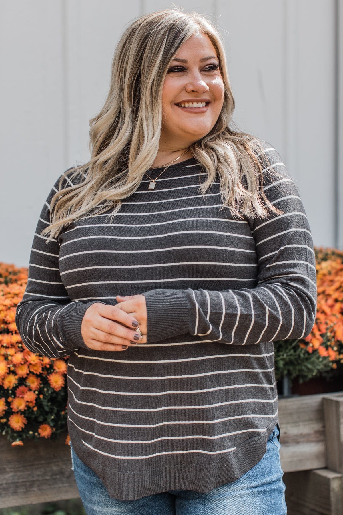 Days Like These Striped Knit Sweater- Charcoal & Ivory - Image 3